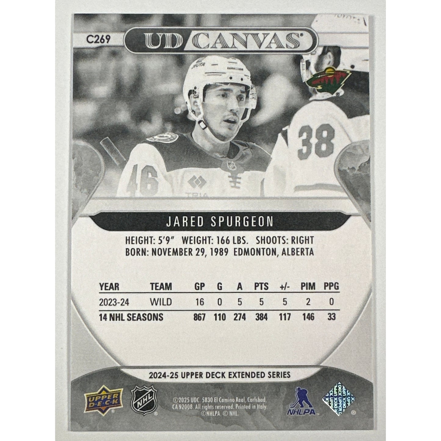 2024-25 Upper Deck Extended Series Jared Spurgeon UD Canvas Black & White