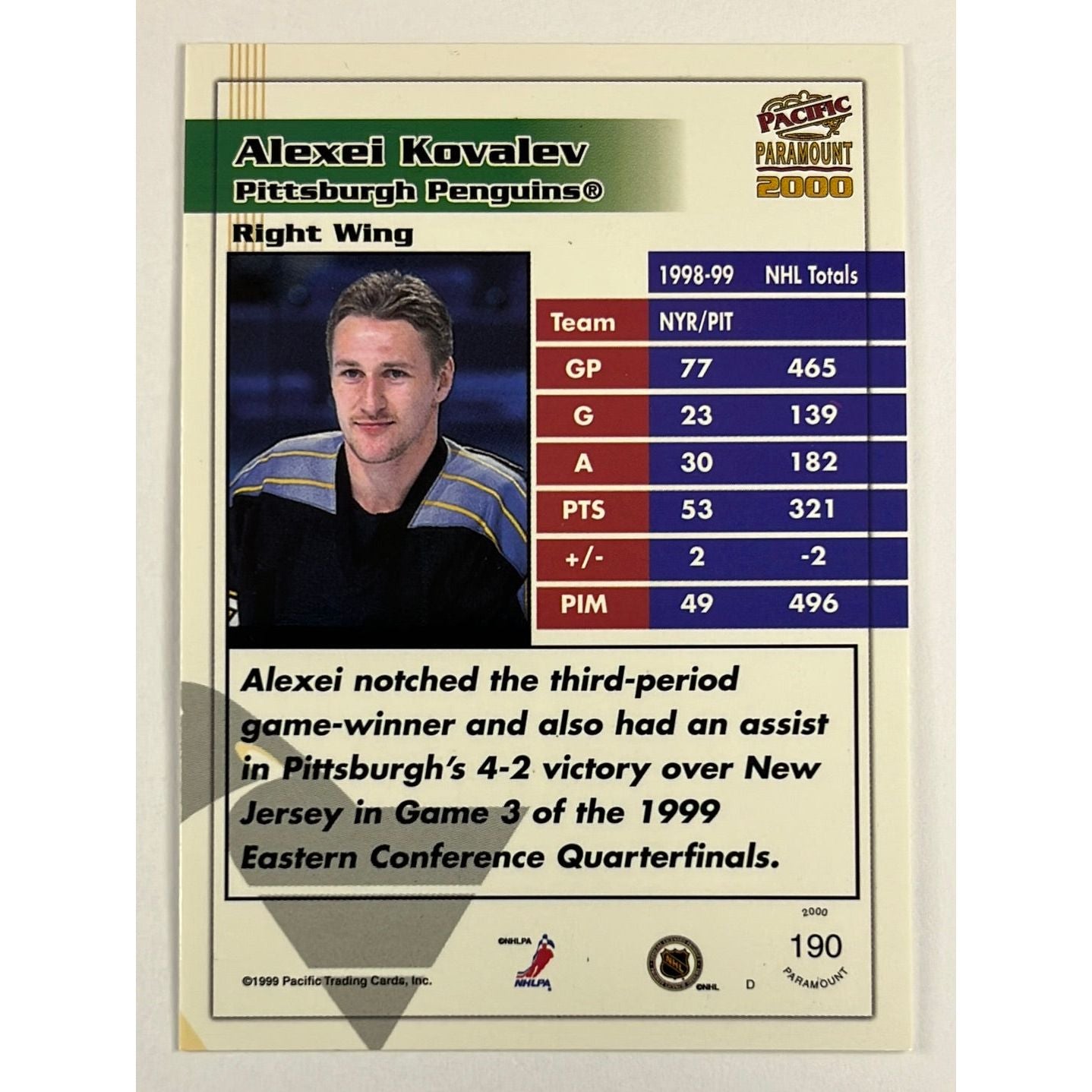 1999-00 Pacific Paramount Alexei Kovalev Stamped /50 | Local Legends Cards & Collectibles