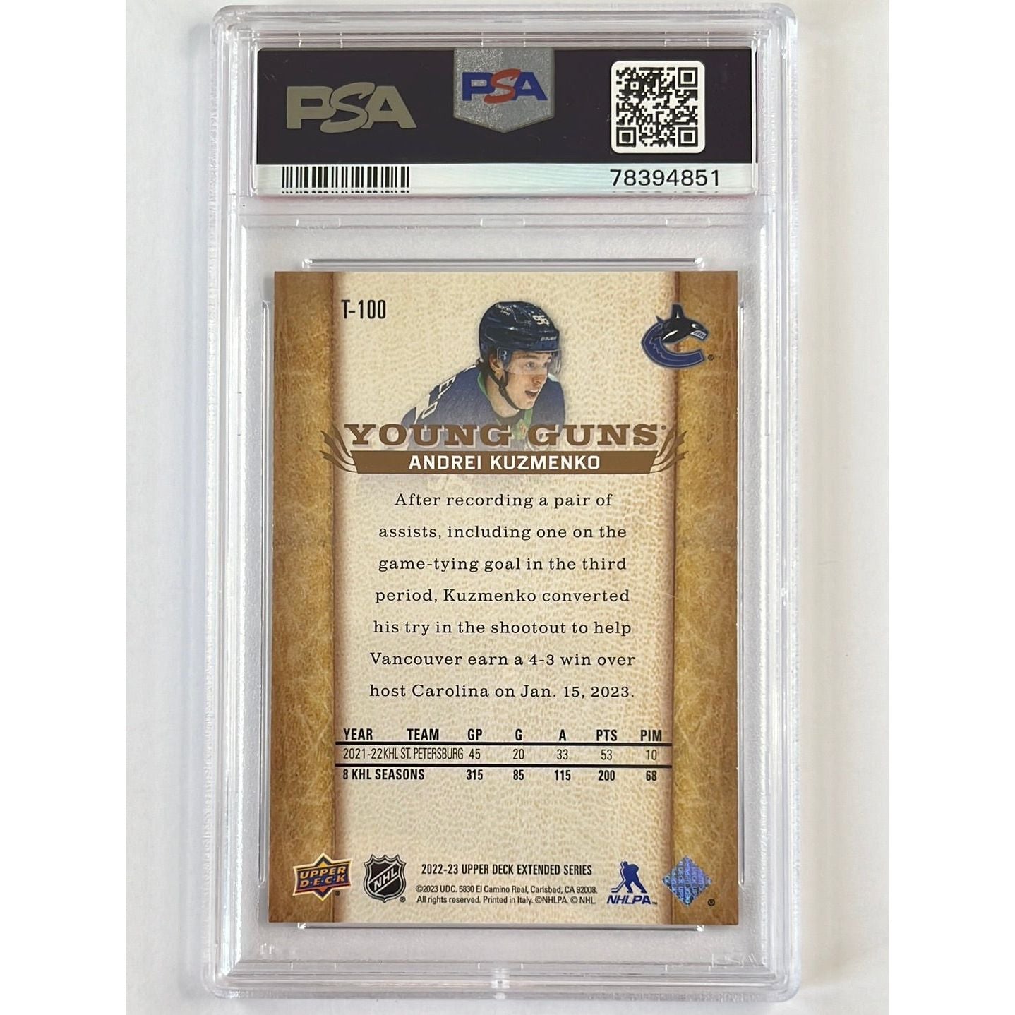 2022-23 Extended Series Andrei Kuzmenko Young Guns 07-08 Retro PSA 9 MINT | Local Legends Cards & Collectibles