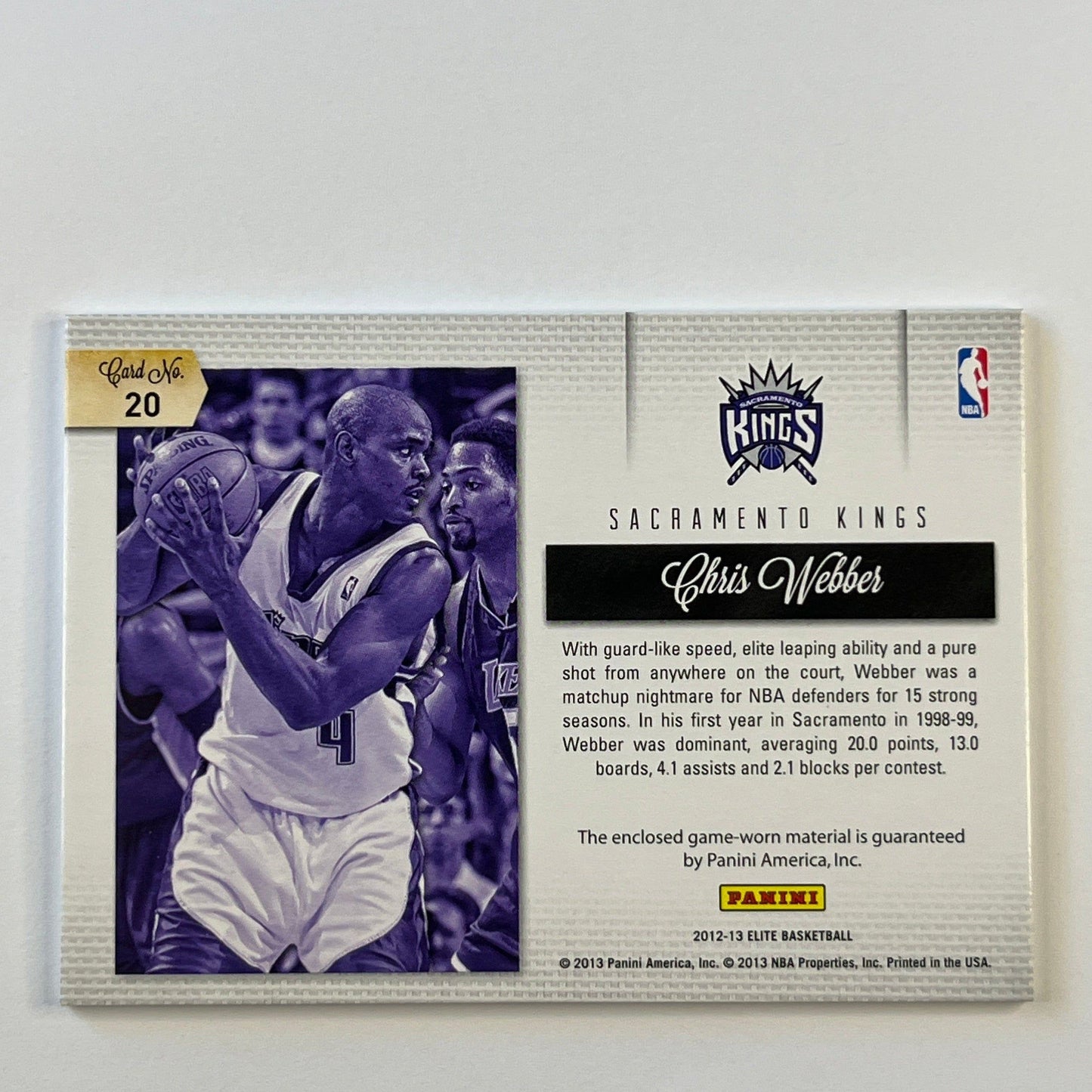 2012-13 Donruss Elite Chris Webber Game Worn Throwback Threads