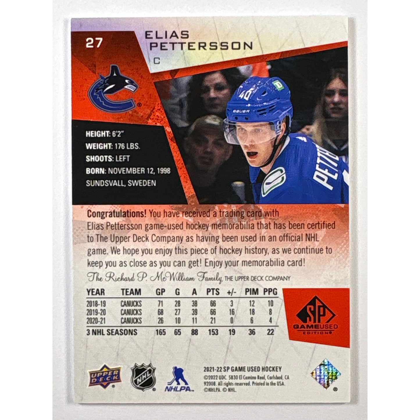 2021-22 SP Game Used Elias Pettersson Red Foil Game Used Jersey Patch | Local Legends Cards & Collectibles