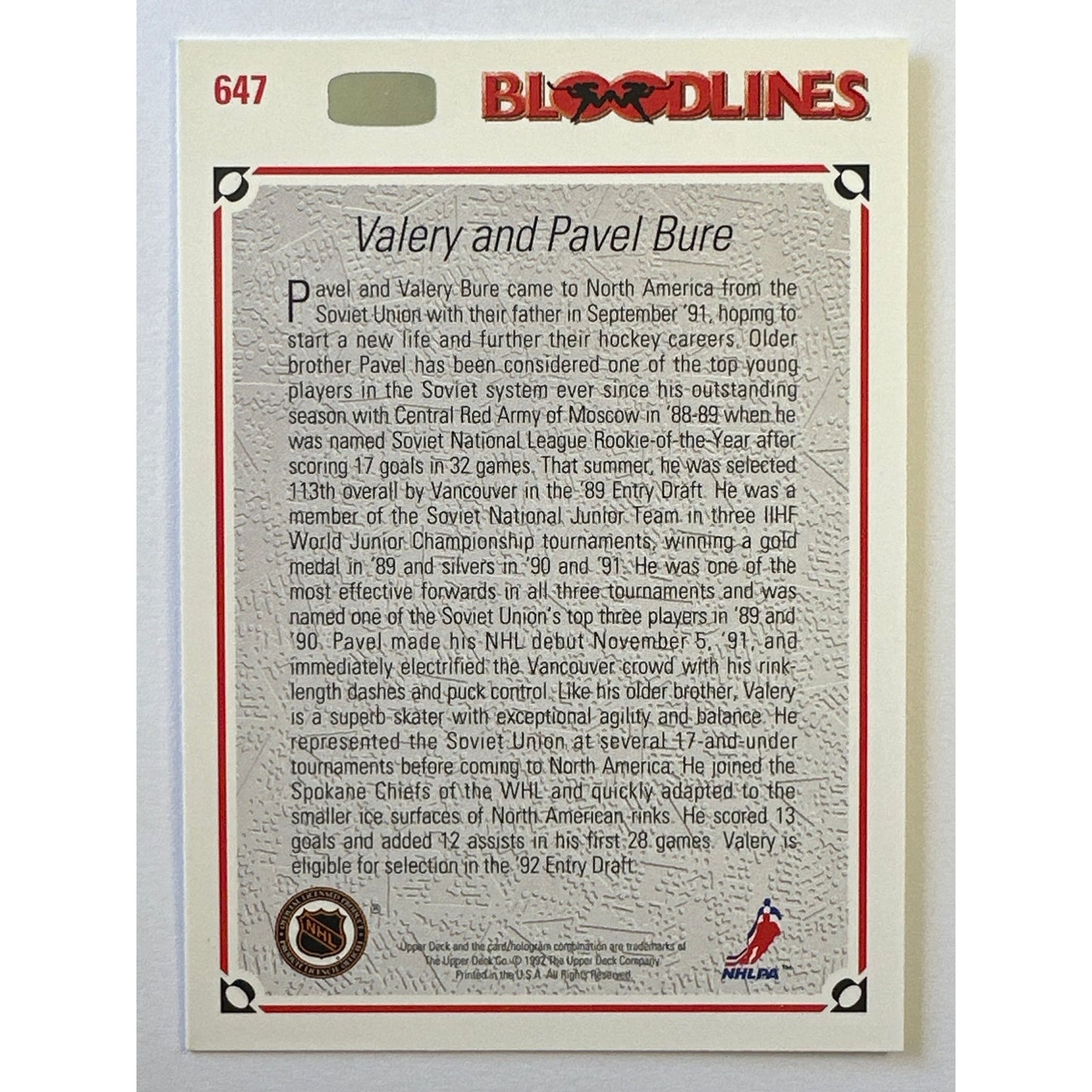 1992-93 Upper Deck Valery and Pavel Bure Bloodlines