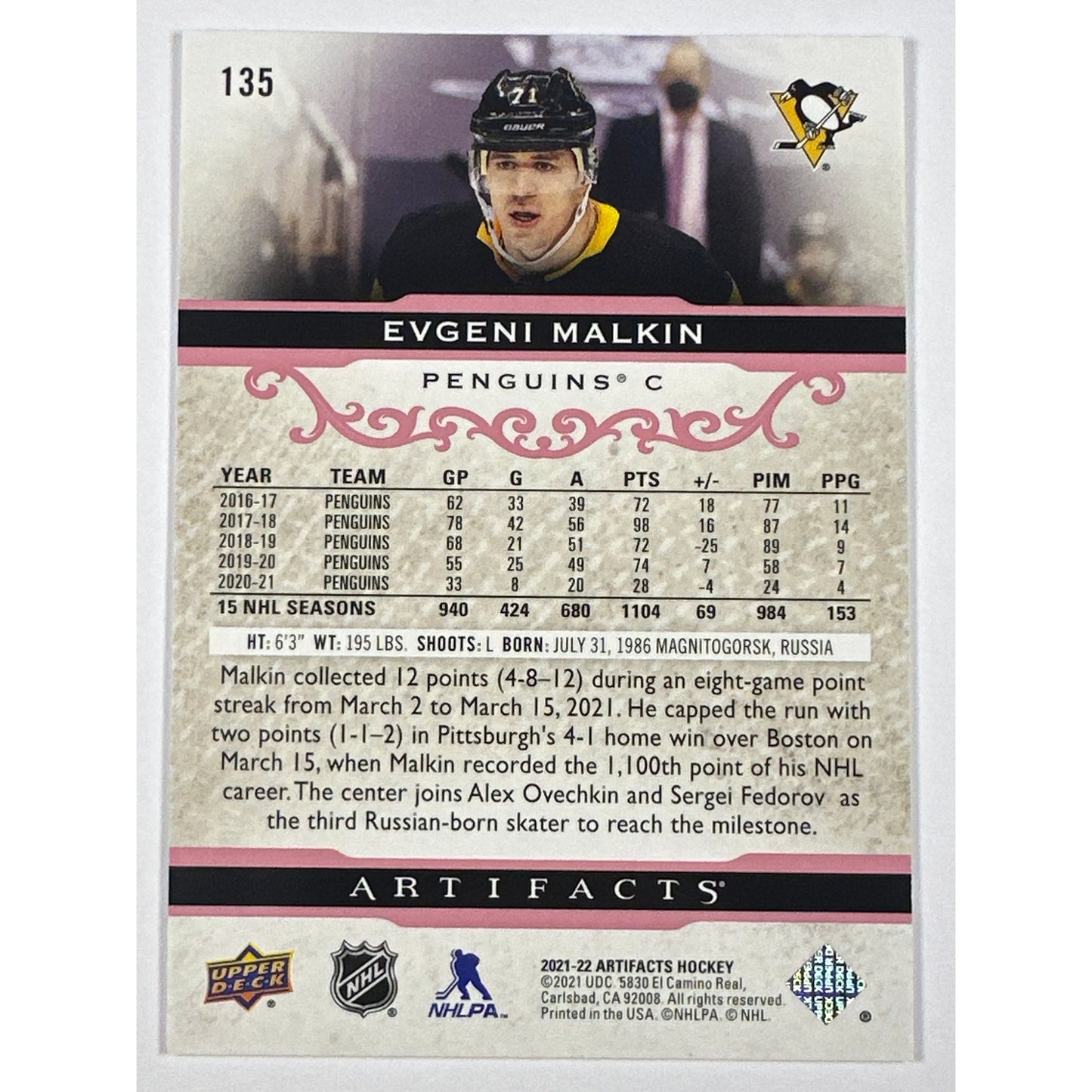 2021-22 Artifacts Evgeni Malkin Pink Foil /65