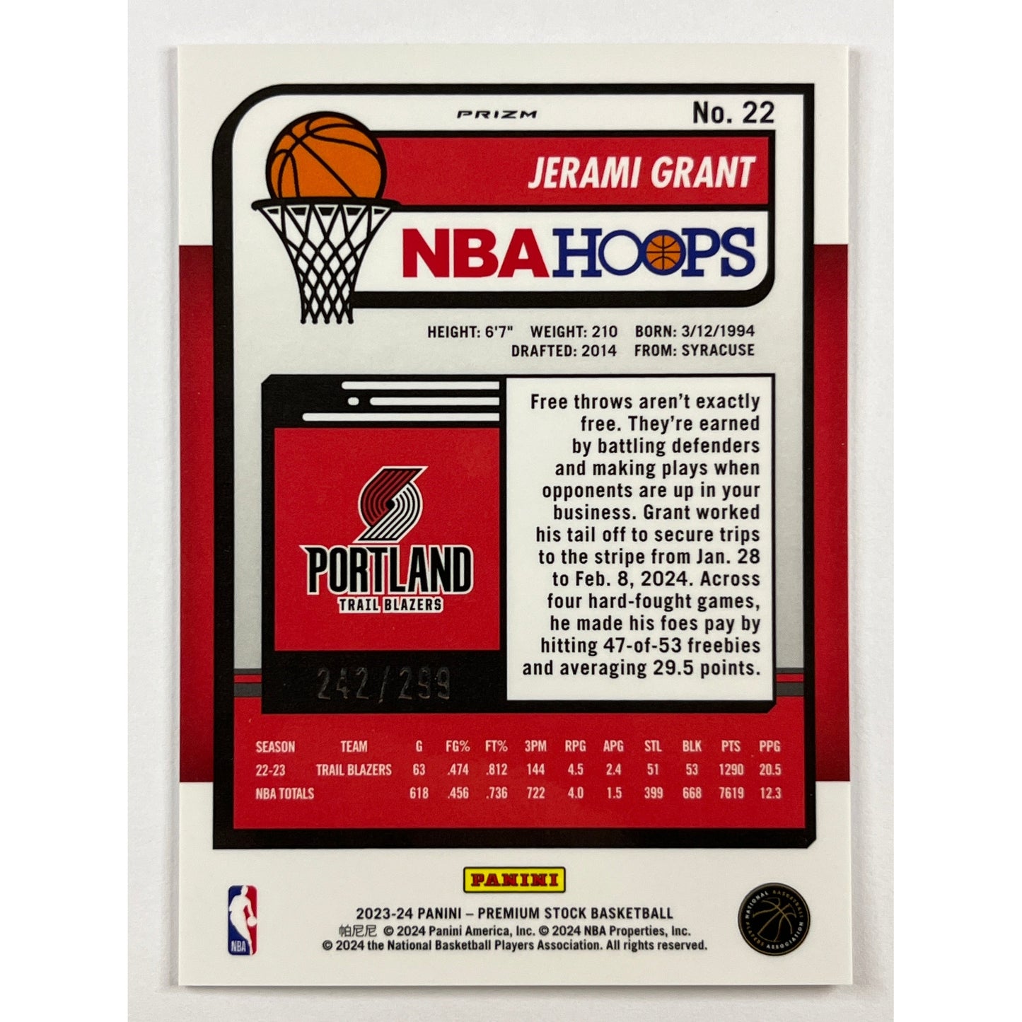 2023-24 Hoops Premium Stock Jerami Grant Bronze Holo Prizm /299