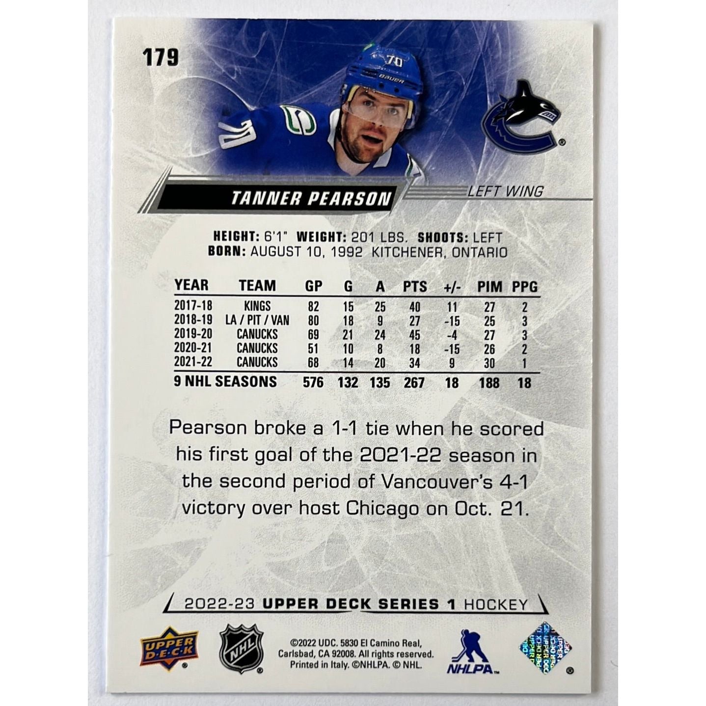 2022-23 Series 1 Tanner Pearson UD Exclusives 58/100 | Local Legends Cards & Collectibles