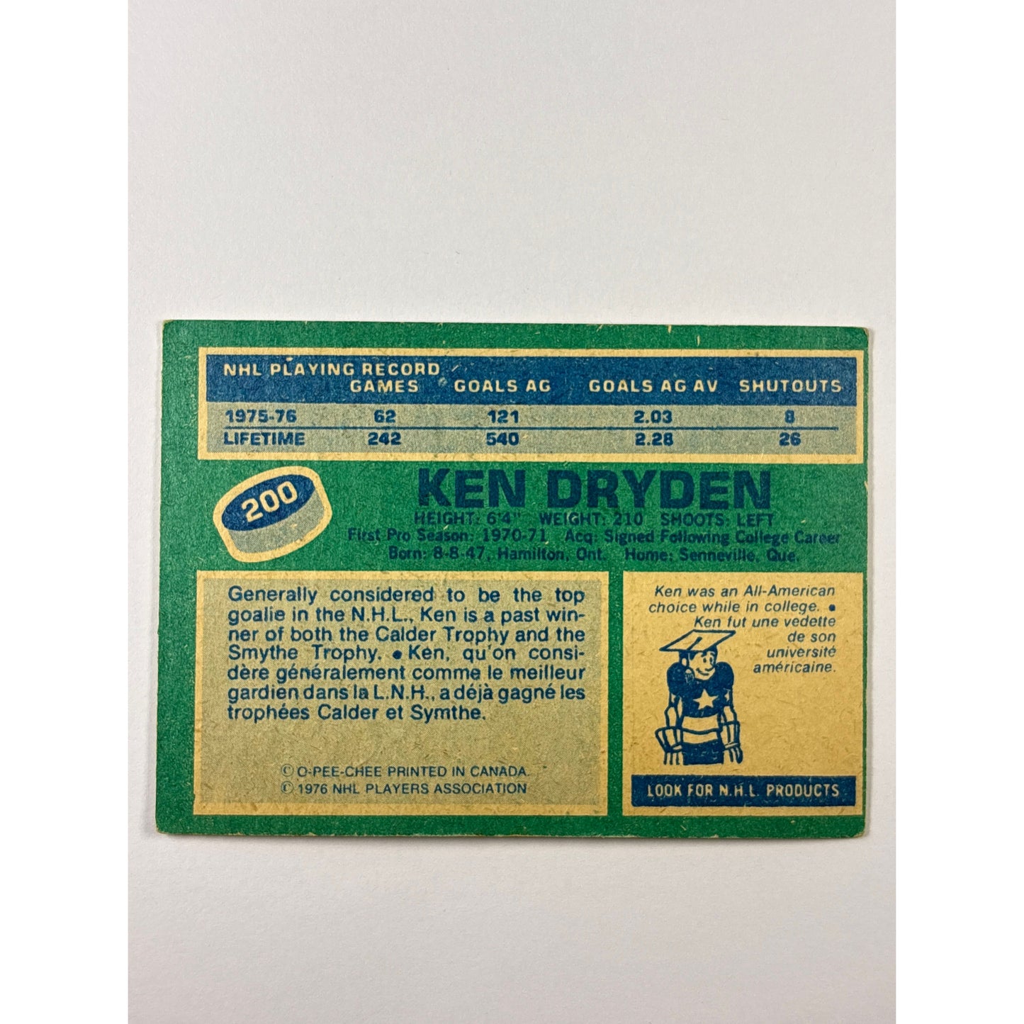 1976-77 O-Pee-Chee Ken Dryden 1st Team All-Star #200 | Local Legends Cards & Collectibles