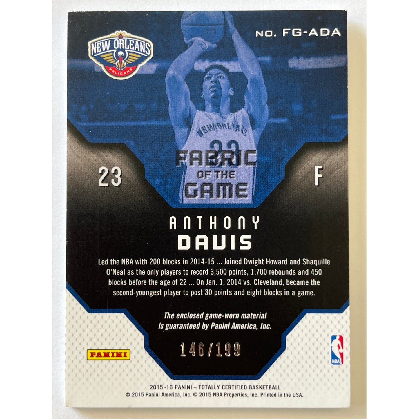 2015-16 Totally Certified Anthony Davis Fabric of the Game /199
