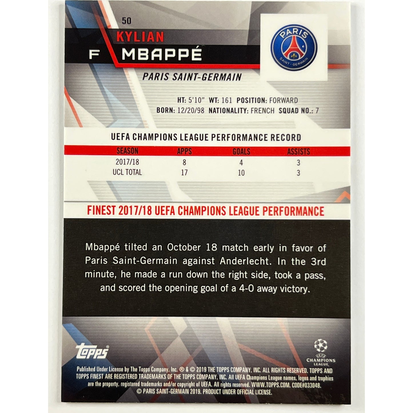 2018-19 Topps Finest Kylian Mbappe 2nd Year | Local Legends Cards & Collectibles