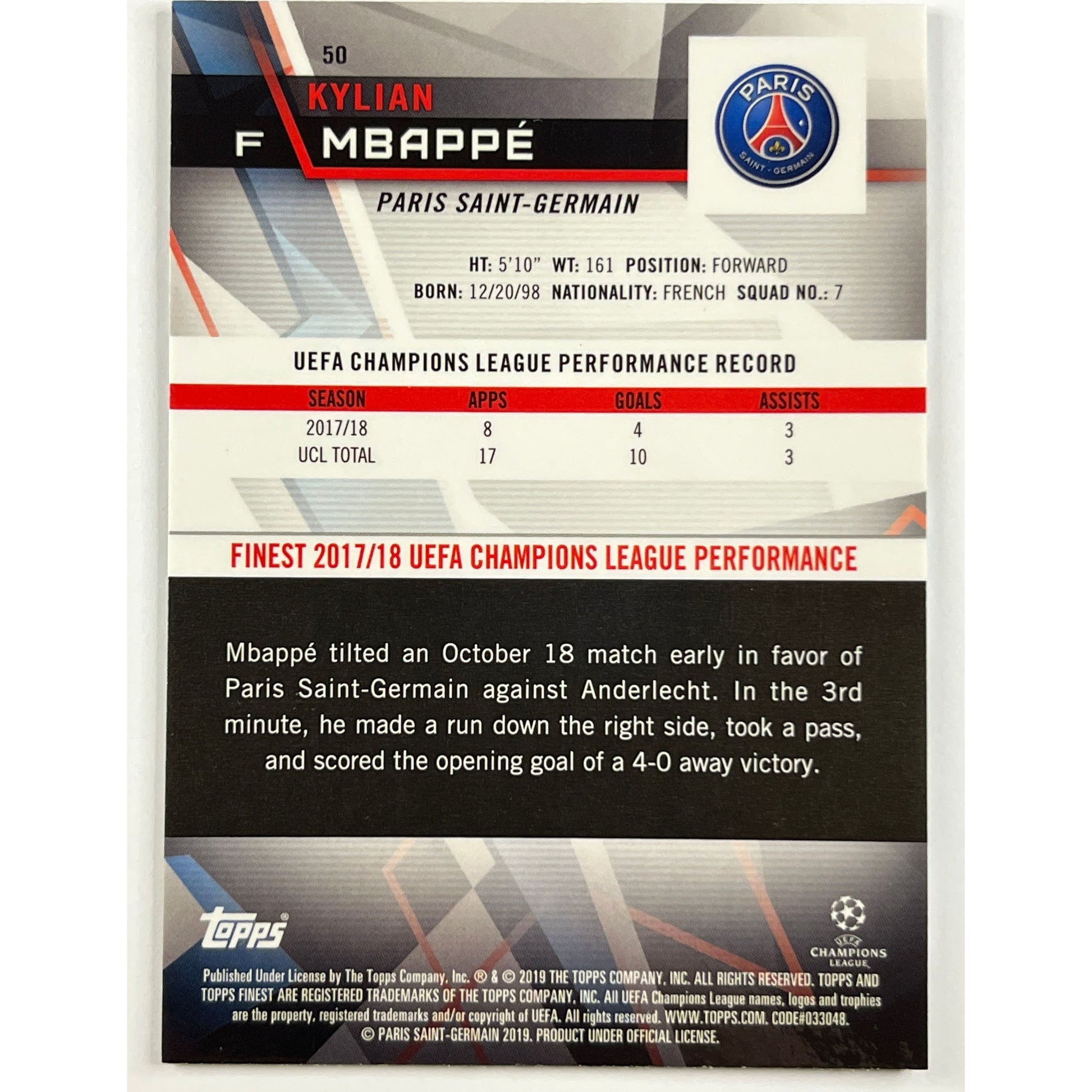 2018-19 Topps Finest Kylian Mbappe 2nd Year | Local Legends Cards & Collectibles