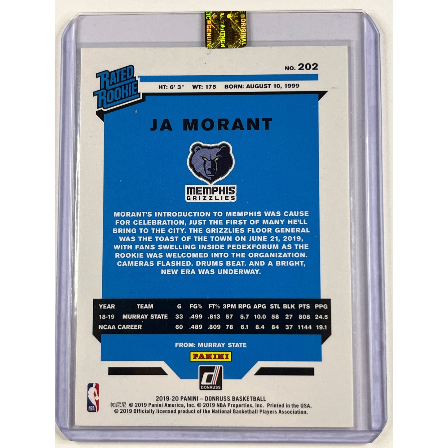2019-20 Donruss Ja Morant Rated Rookie In Person Auto Inscribed 1/1 Certified Authentic | Local Legends Cards & Collectibles