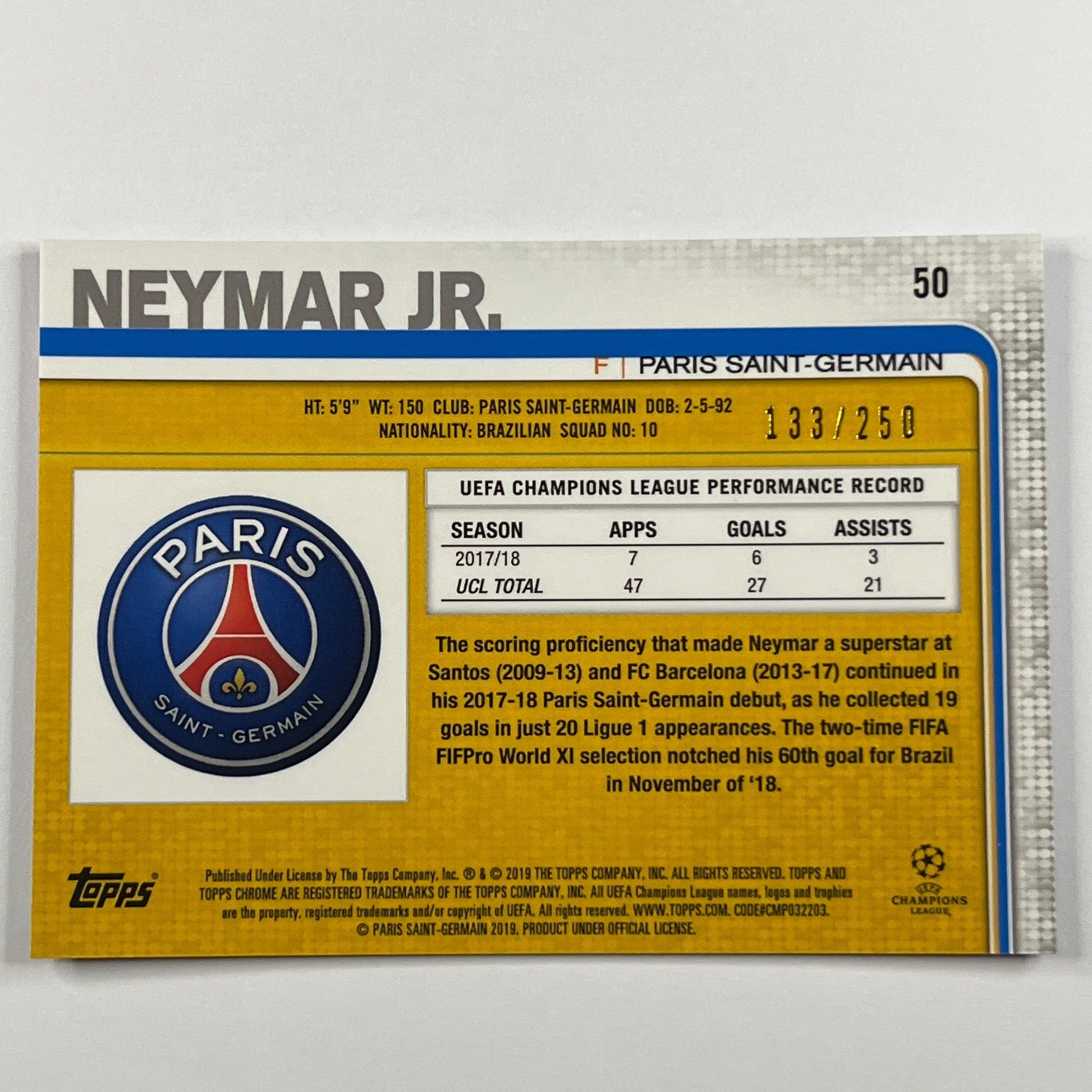 2018-19 Topps Chrome Neymar Jr Purple Refractor /250 | Local Legends Cards & Collectibles