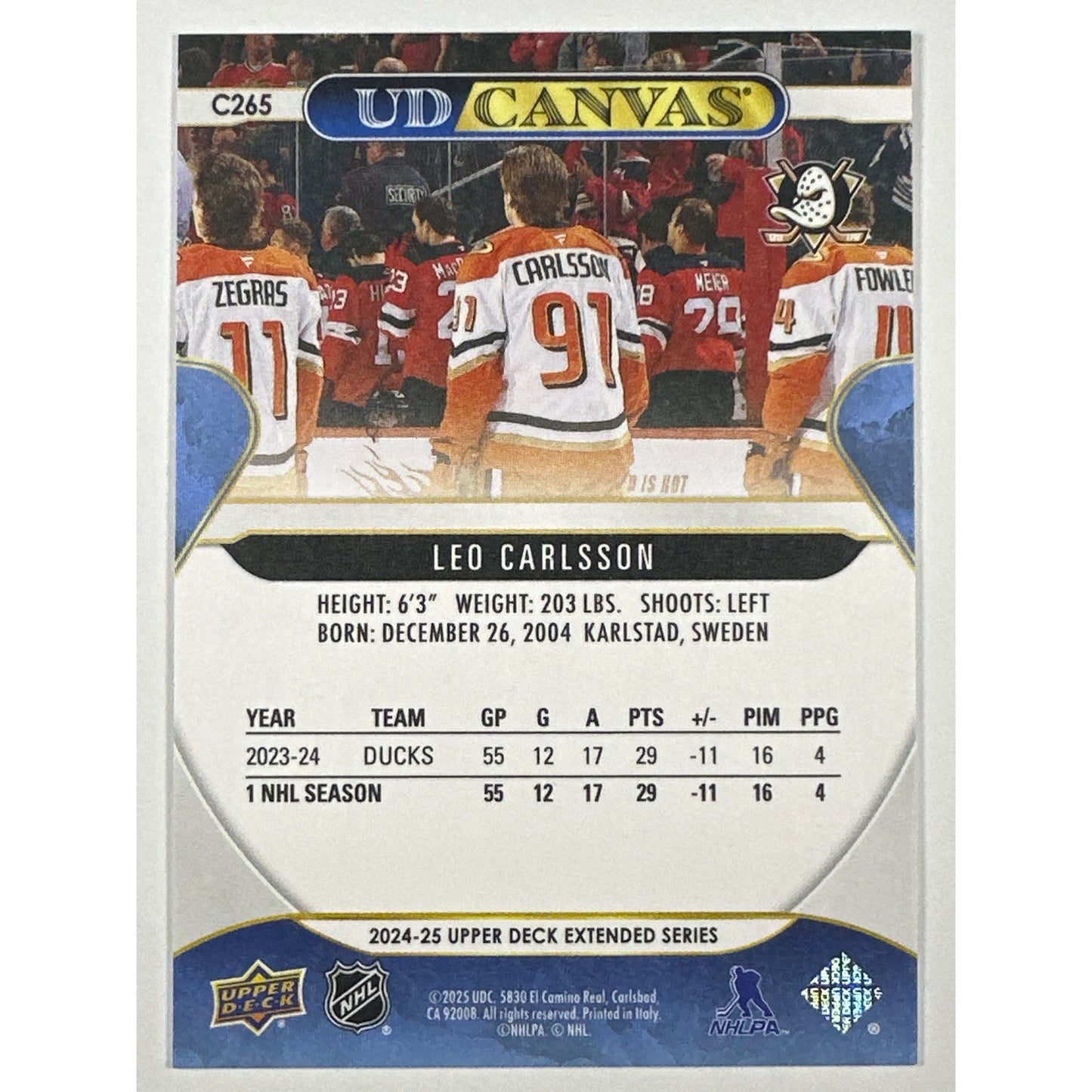 2024-25 Upper Deck Extended Series Leo Carlsson UD Canvas