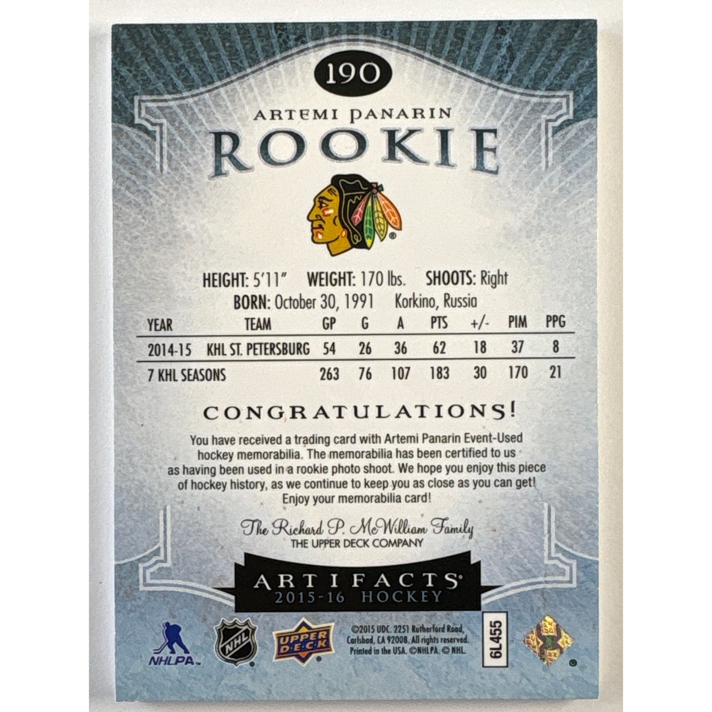 2015-16 Artifacts Artemi Panarin Emerald Dual Patch RC /199 | Local Legends Cards & Collectibles