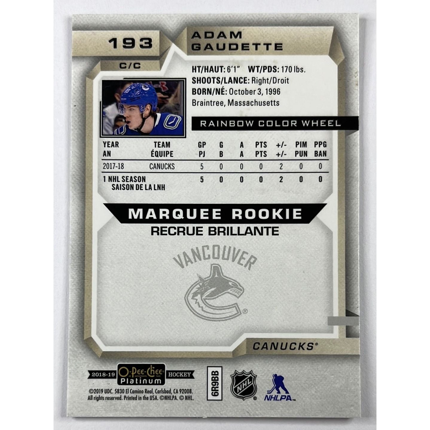 2018-19 O-Pee-Chee Platinum Adam Gaudette Marquee Rookie Rainbow Colour Wheel