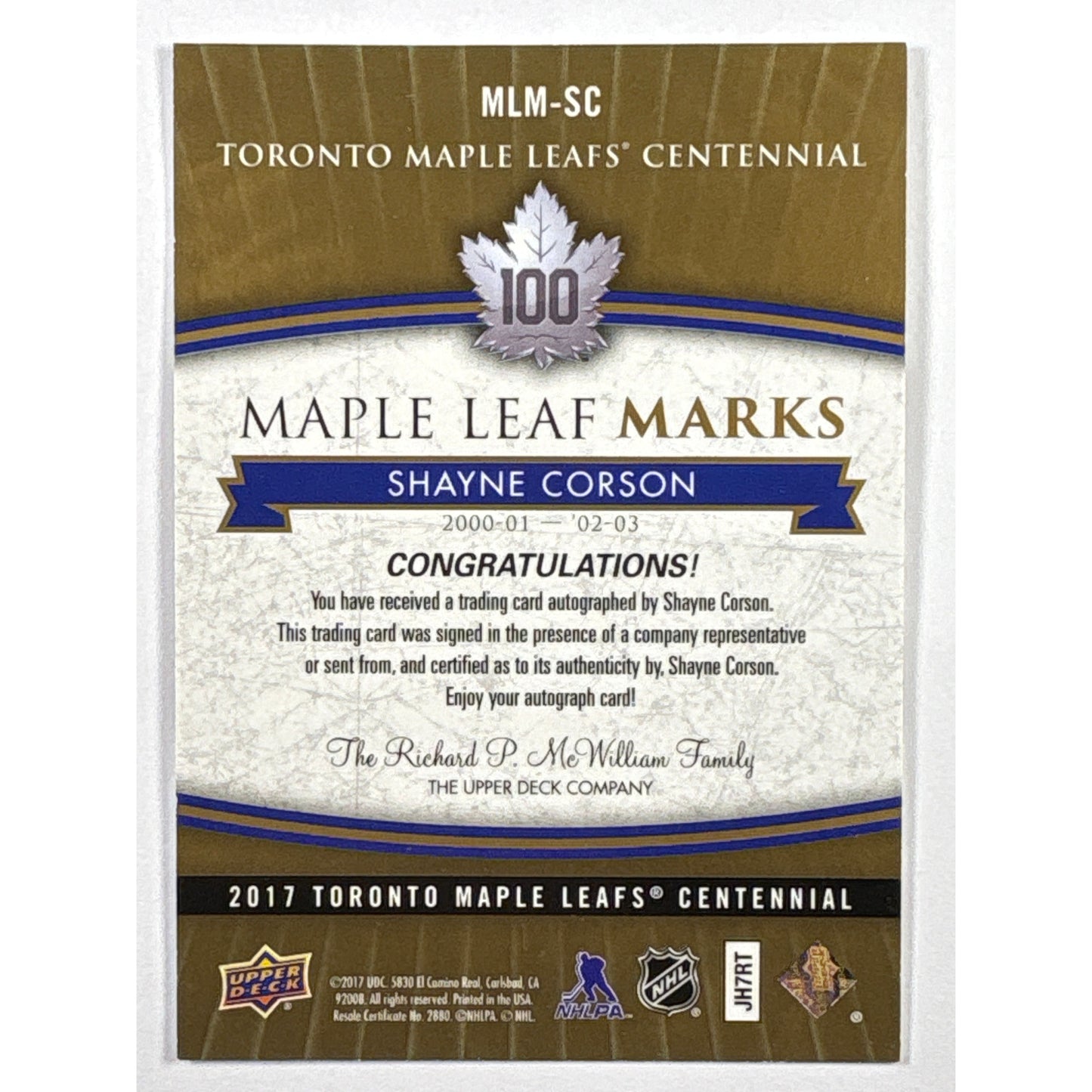 2017 Toronto Maple Leafs Centennial Shayne Corson Auto