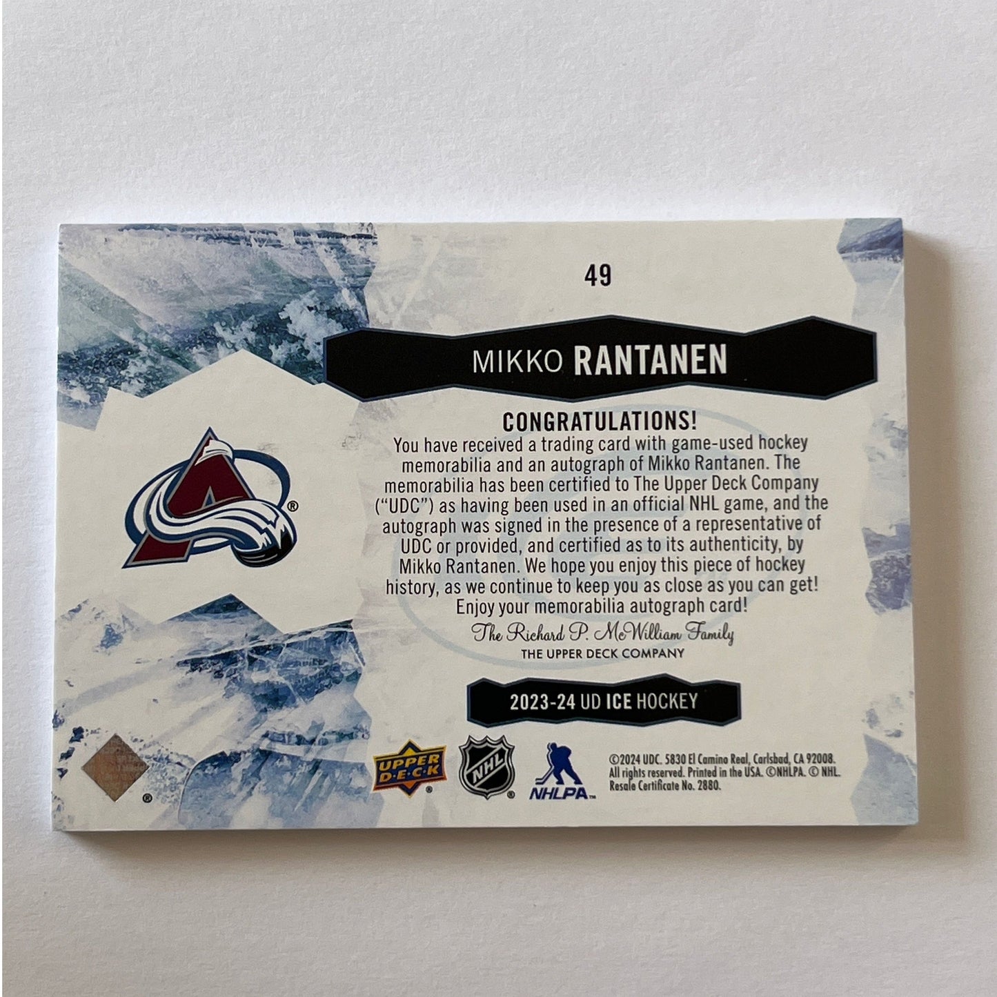2023-24 ICE Mikko Rantanen Gold Auto Patch /49