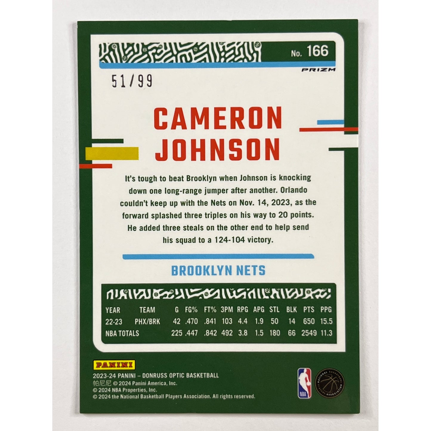 2023-24 Donruss Optic Cameron Johnson Copper Glitter Prizm /99 | Local Legends Cards & Collectibles
