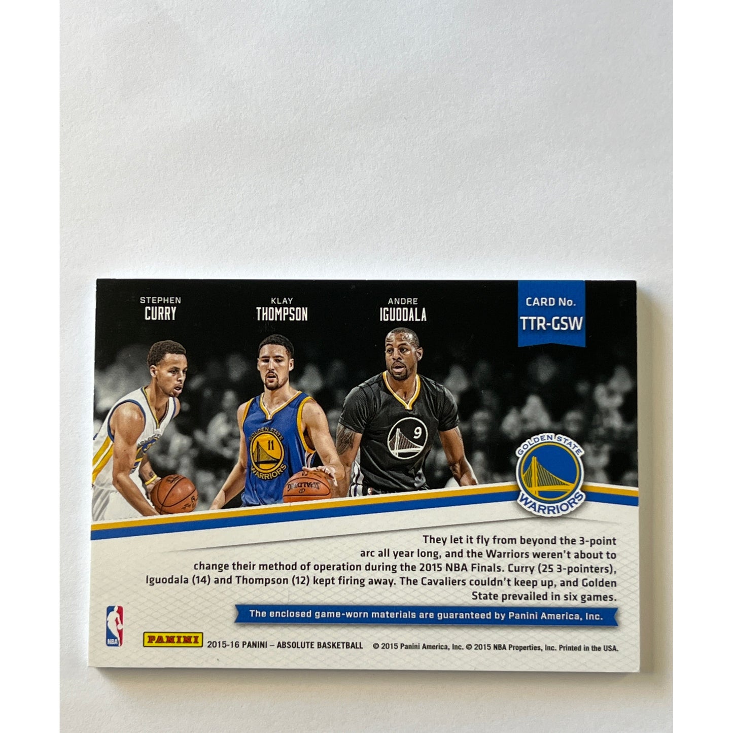 2015-16 Absolute Team Trios Stephen Curry / Klay Thompson / Andre Iguodala Game Worn Triple Patch /99
