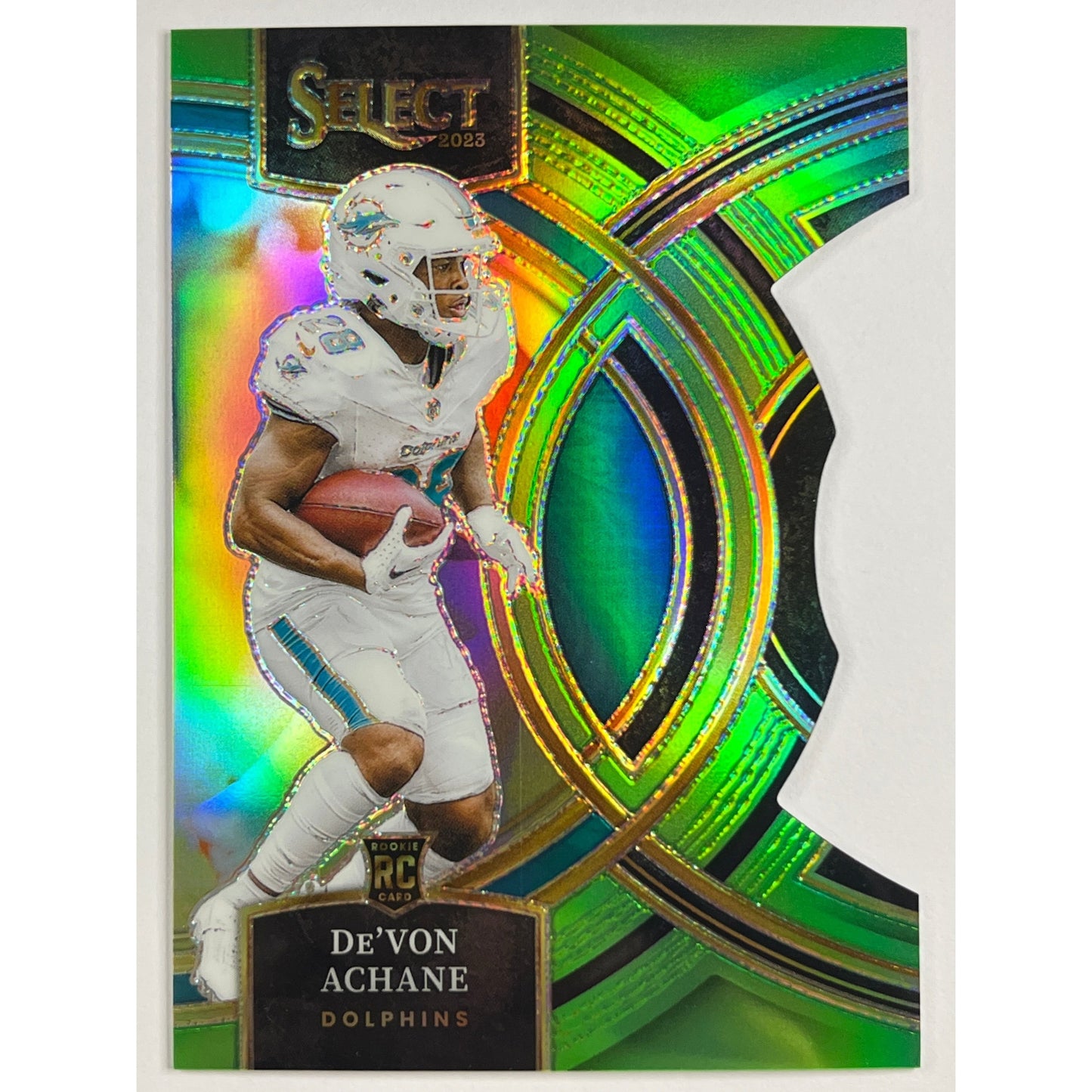 2023 Select De’von Achane Premier Level Lime Green Prizm Die Cut RC /499