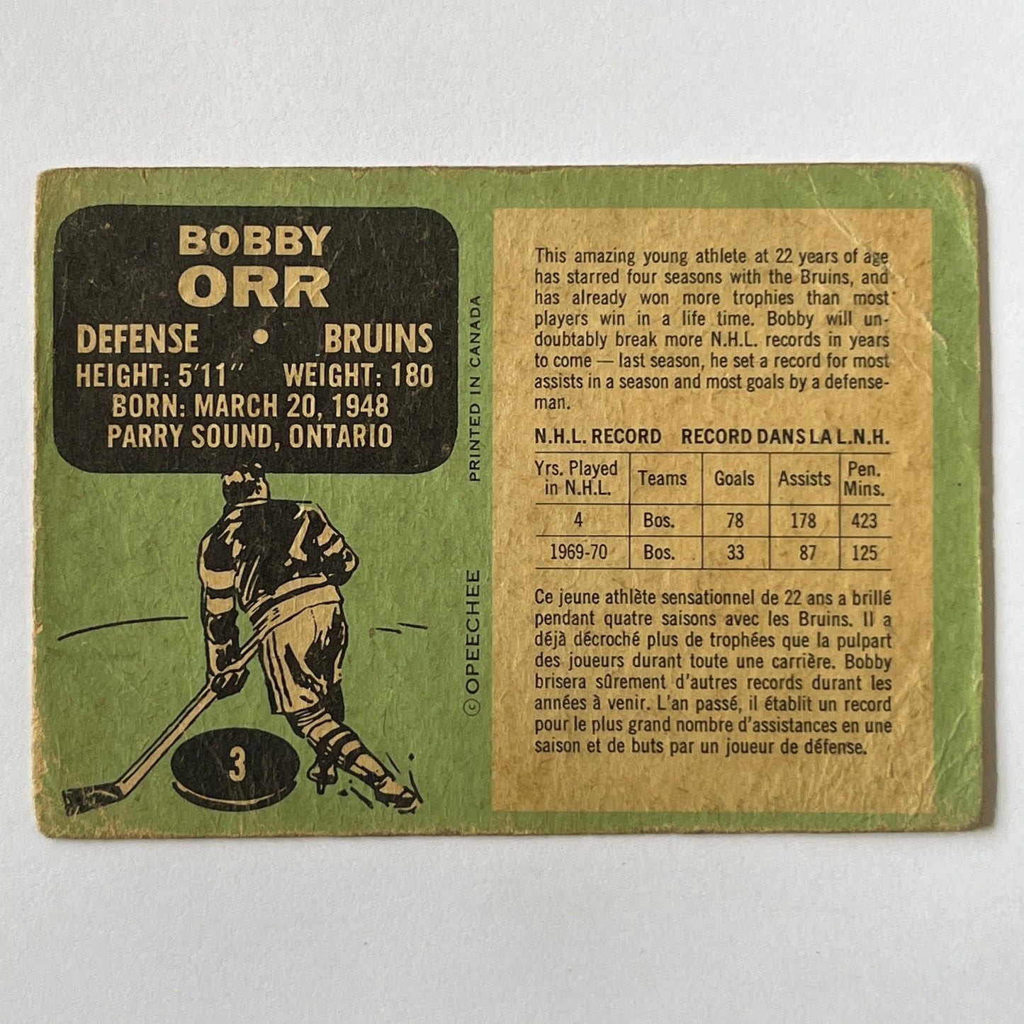 1970-71 O-Pee-Chee Bobby Orr #3 | Local Legends Cards & Collectibles