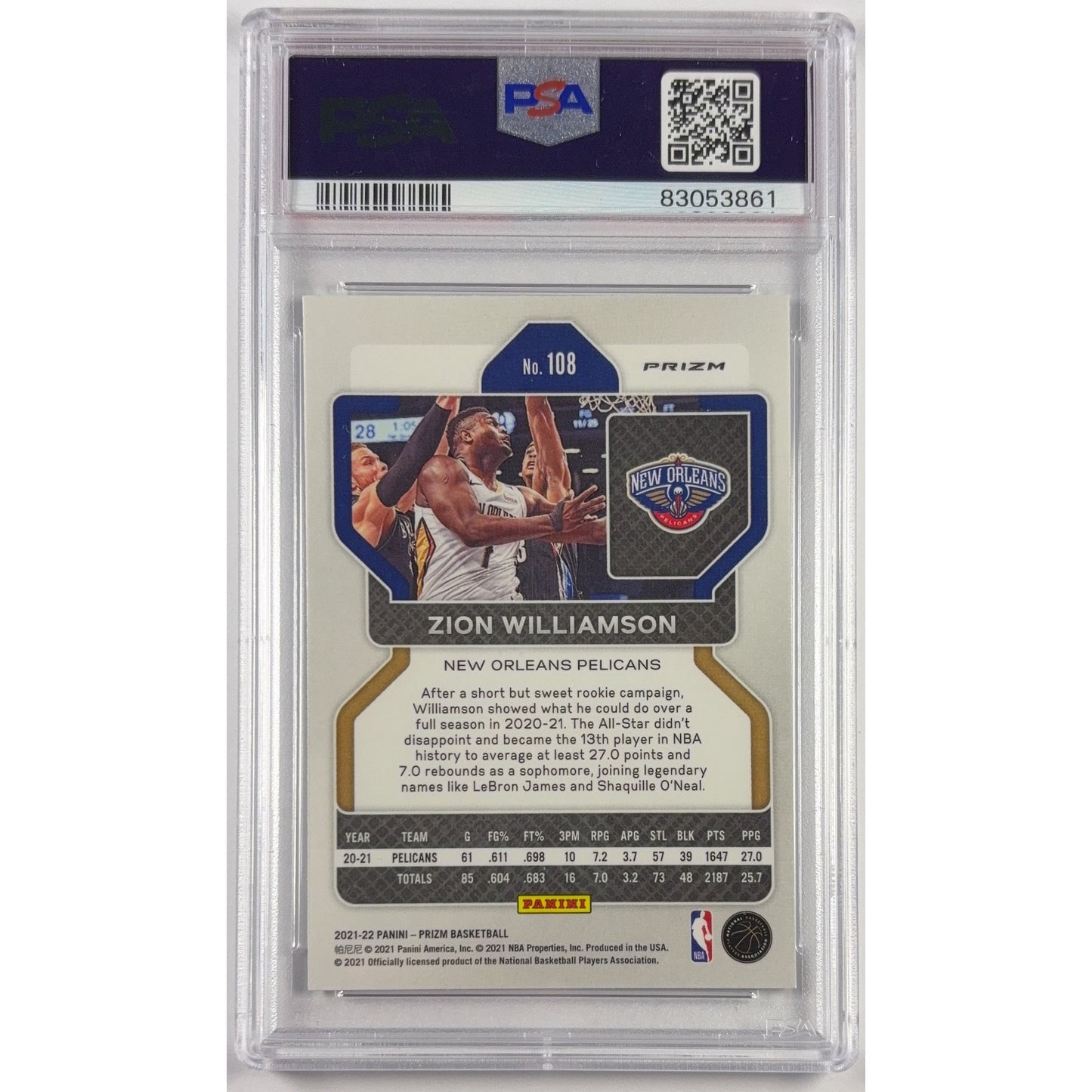 2021-22 Panini Prizm Zion Williamson Silver Cracked Ice Prizm PSA 9 MINT | Local Legends Cards & Collectibles