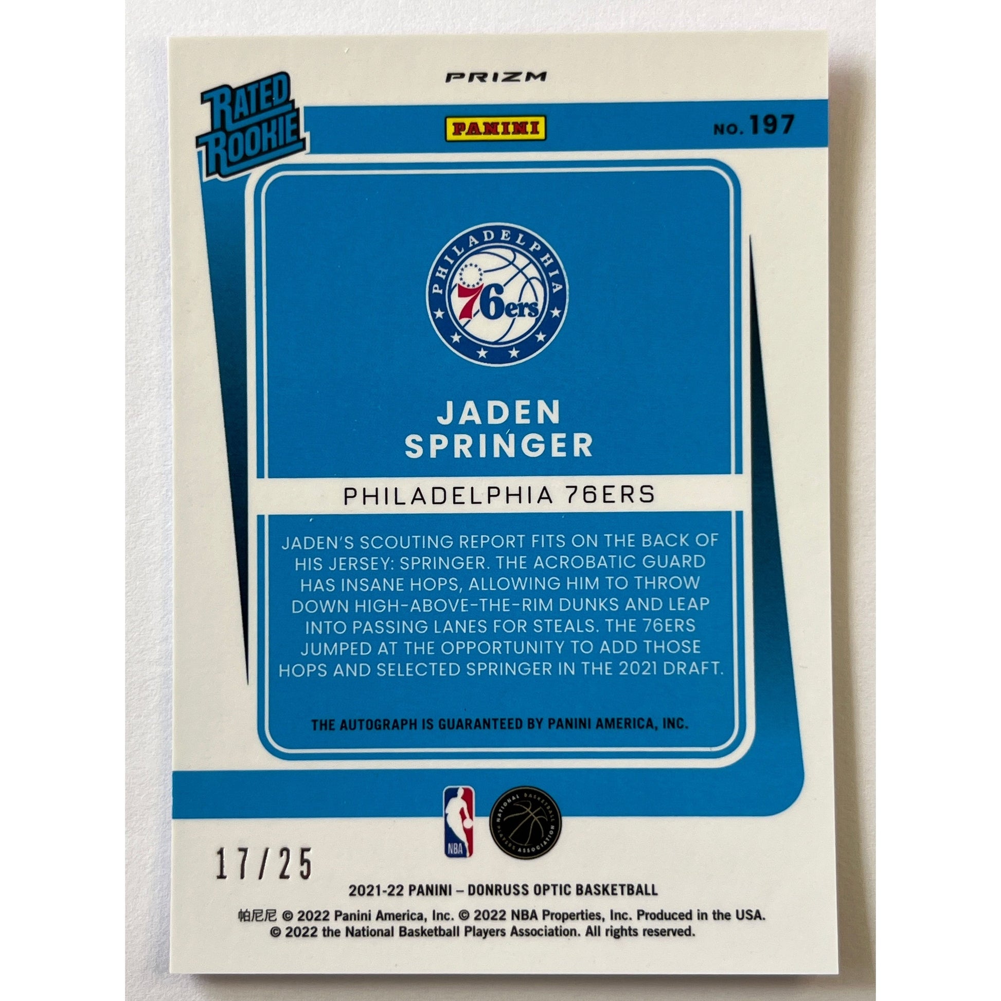 2021-22 Donruss Optic Jaden Springer Pink Holo Rated Rookie Auto /25 | Local Legends Cards & Collectibles