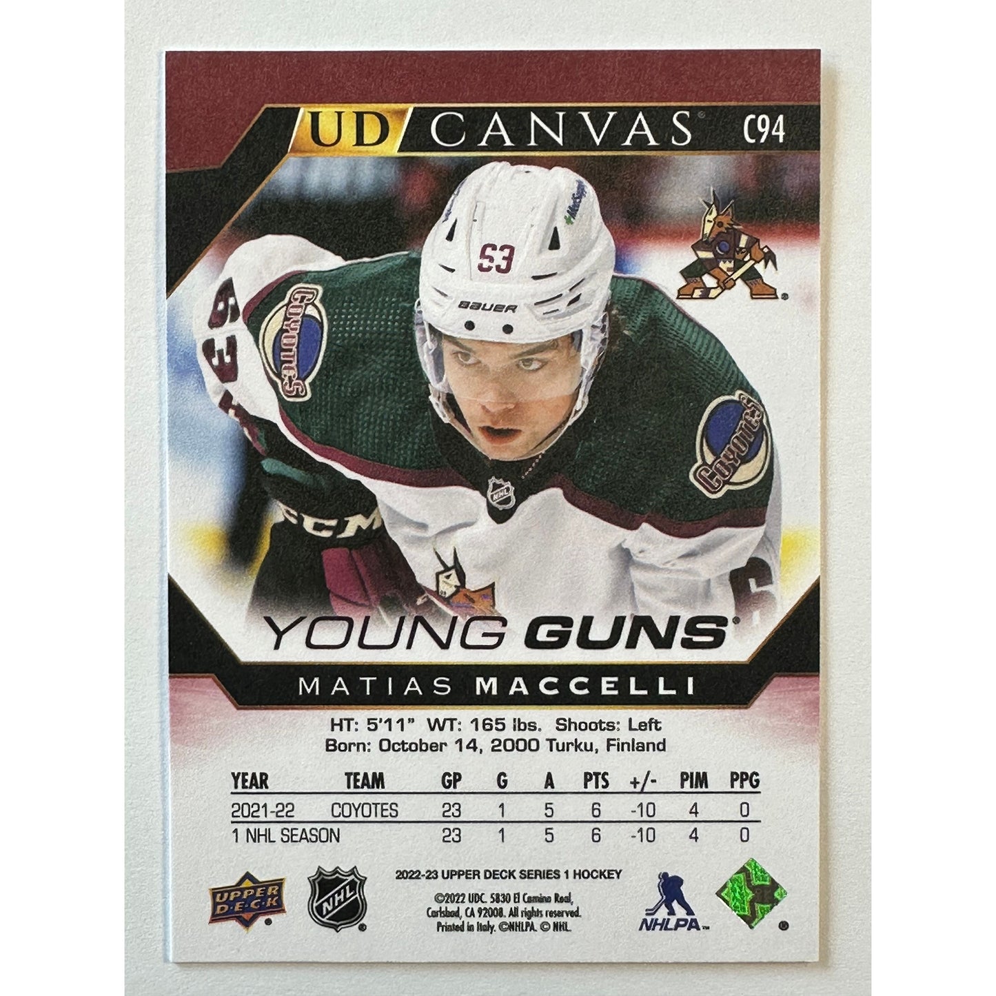 2022-23 Upper Deck Series 1 Matias Macceli UD Canvas Young Guns