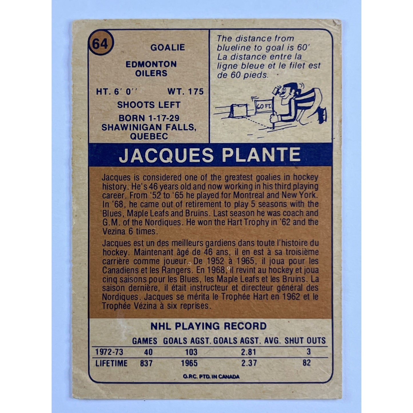 1973-74 O-Pee-Chee Jacques Plante #64 | Local Legends Cards & Collectibles
