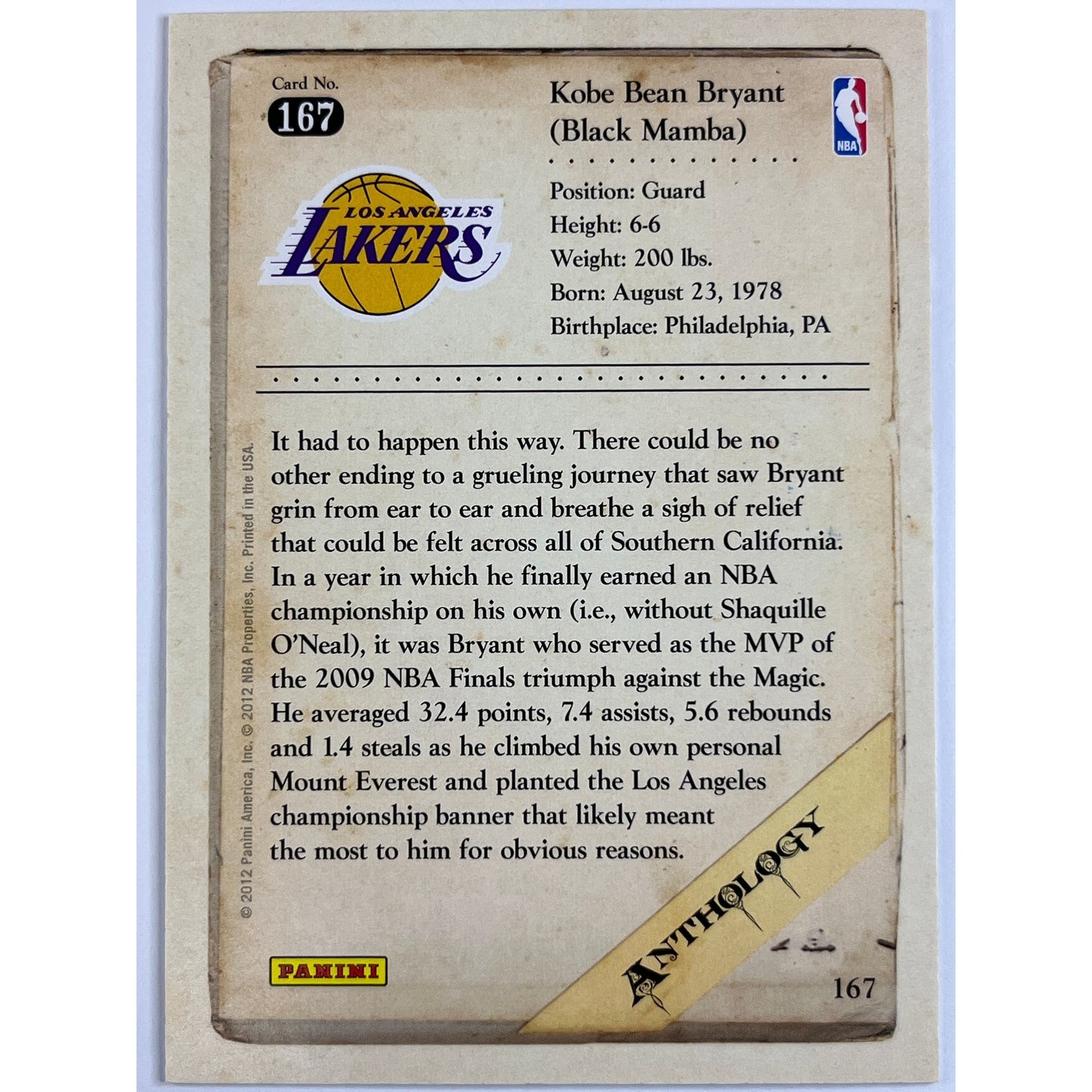 2012 Panini Anthology Kobe Bryant #167