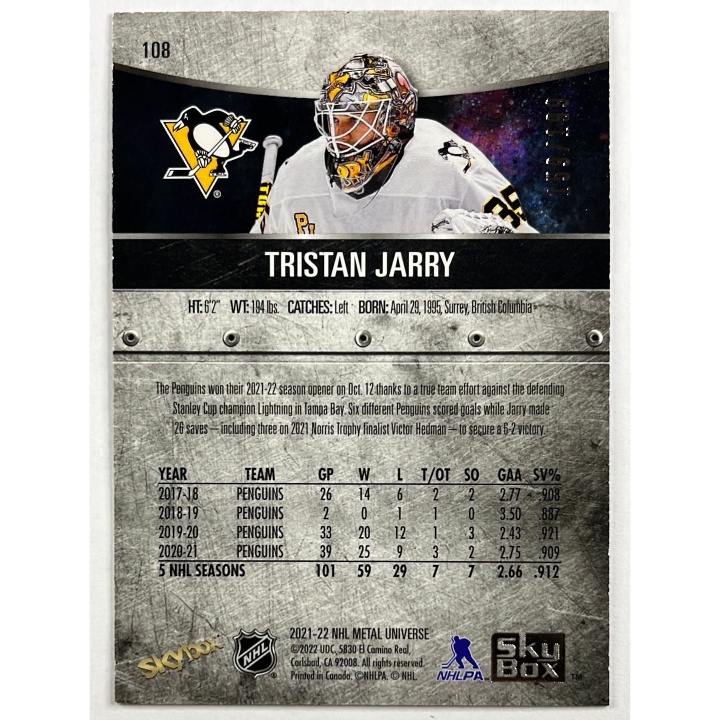 2021-22 Metal Universe Tristan Jarry Purple Spectrum /199 | Local Legends Cards & Collectibles