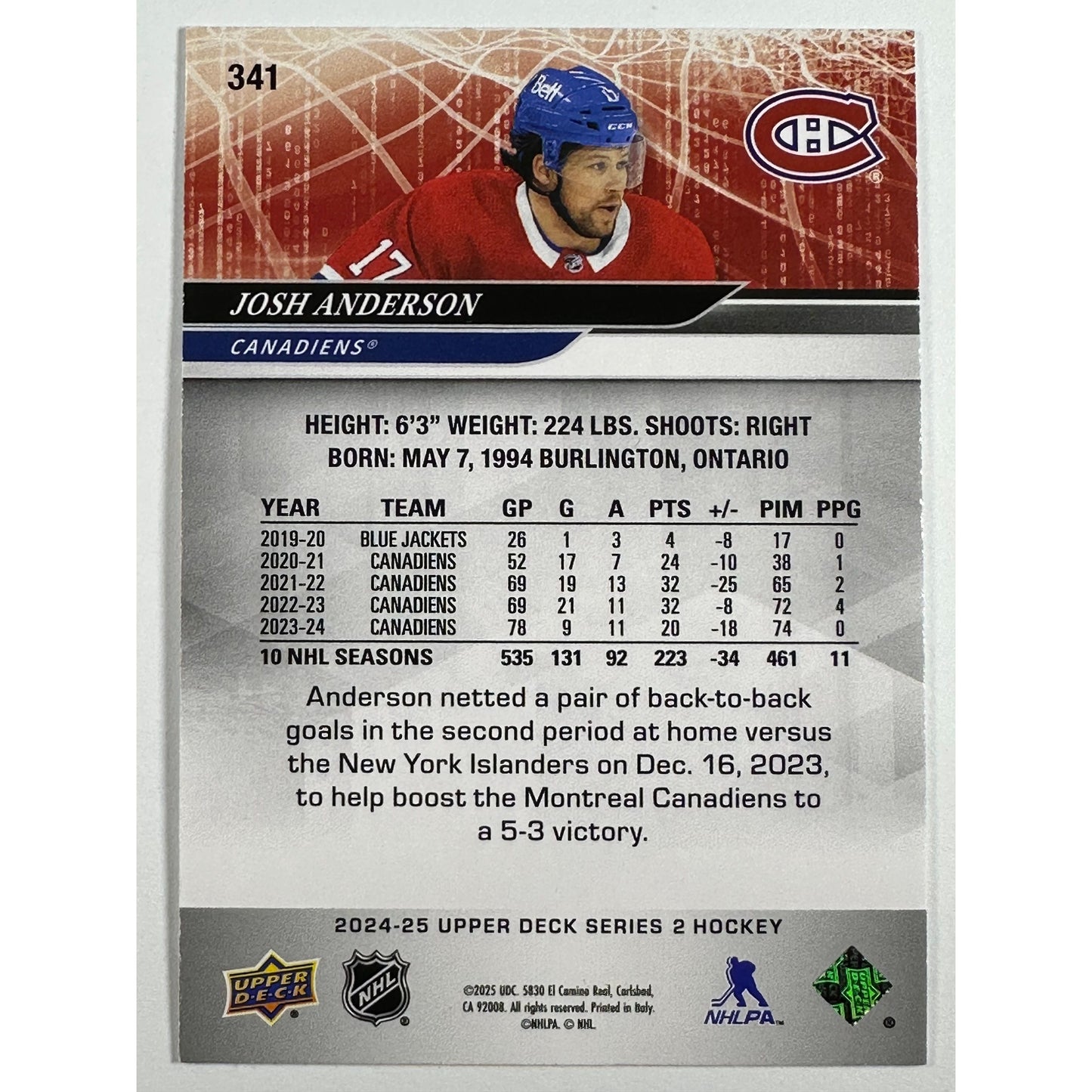 2024-25 Upper Deck Extended Series Josh Anderson Exclusives /100