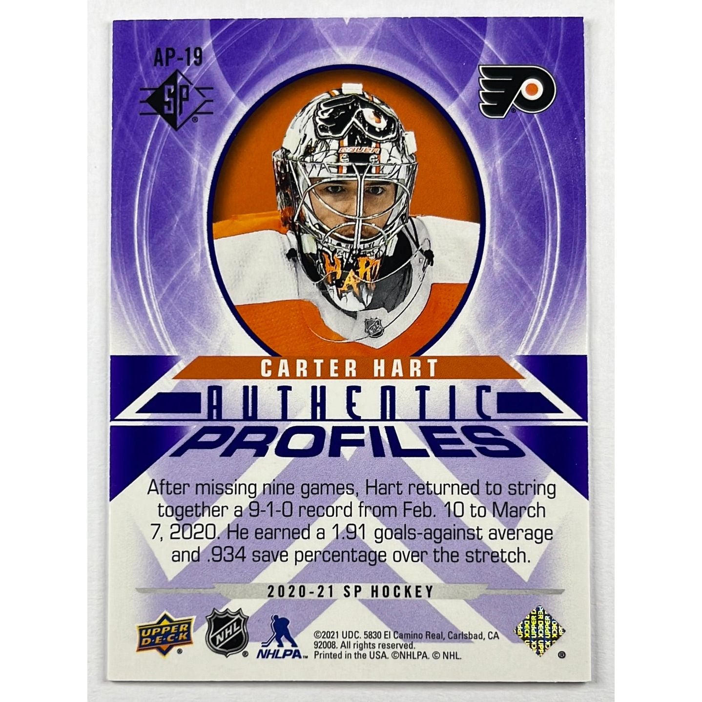 2020-21 SP Carter Hart Authentic Profiles 03/99