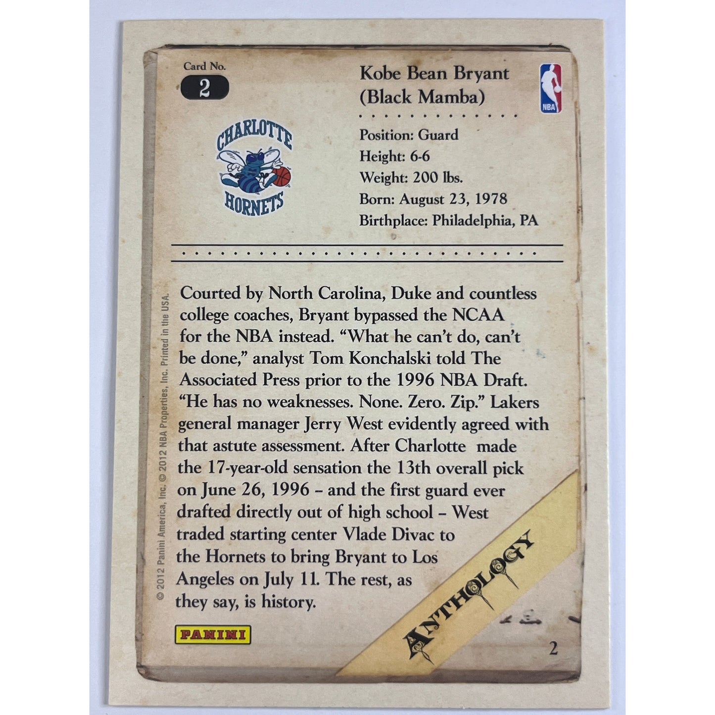 2012 Panini Anthology Kobe Bryant #2