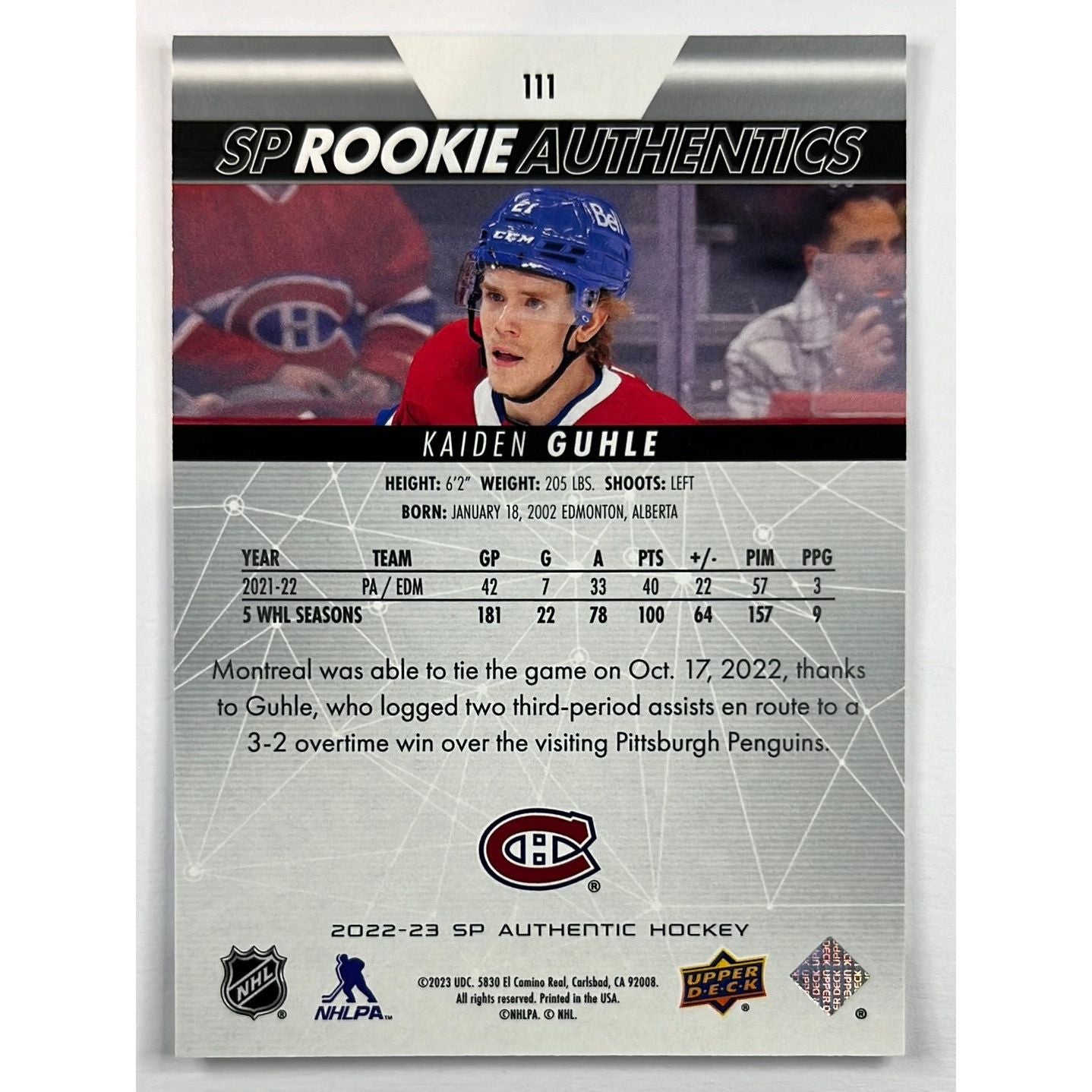 2022-23 SP Authentic Kaiden Guhle SP Rookie Authentics Silver Foil /299 | Local Legends Cards & Collectibles