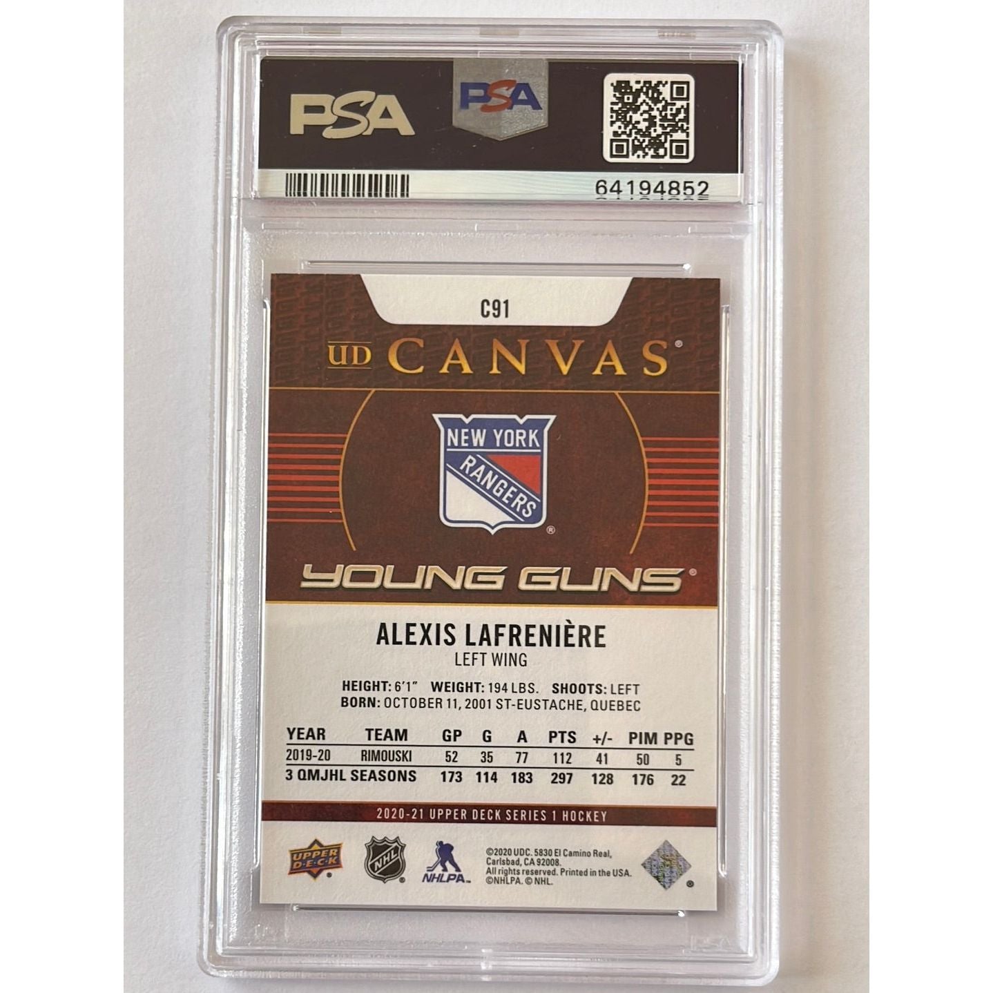 2020-21 Series 1 Alexis Lafreniere Young Guns Canvas PSA 10 GEM MINT | Local Legends Cards & Collectibles