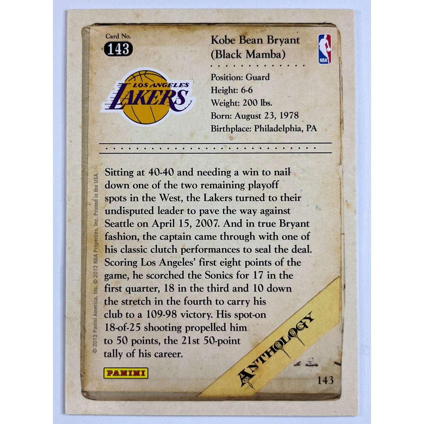 2012 Panini Anthology Kobe Bryant #143