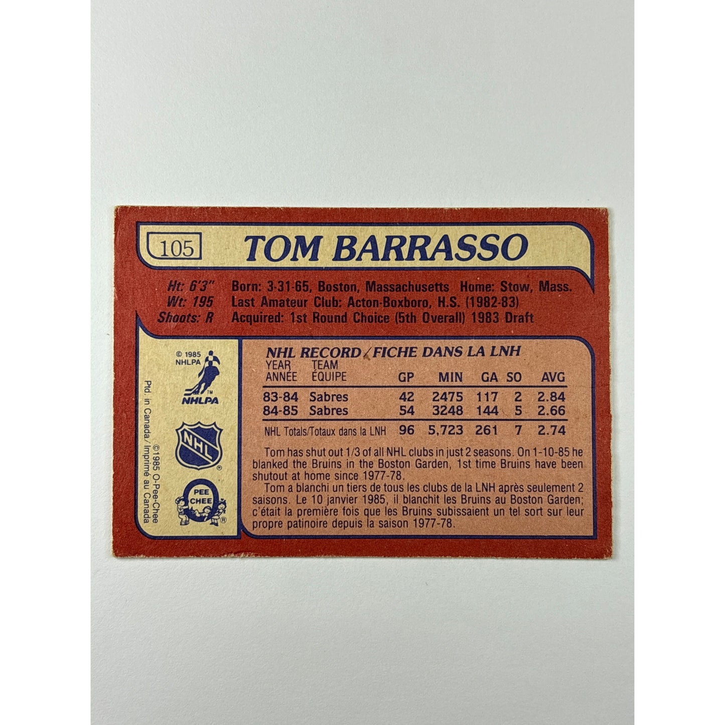 1985-86 O-Pee-Chee Tom Barrasso 2nd Year | Local Legends Cards & Collectibles