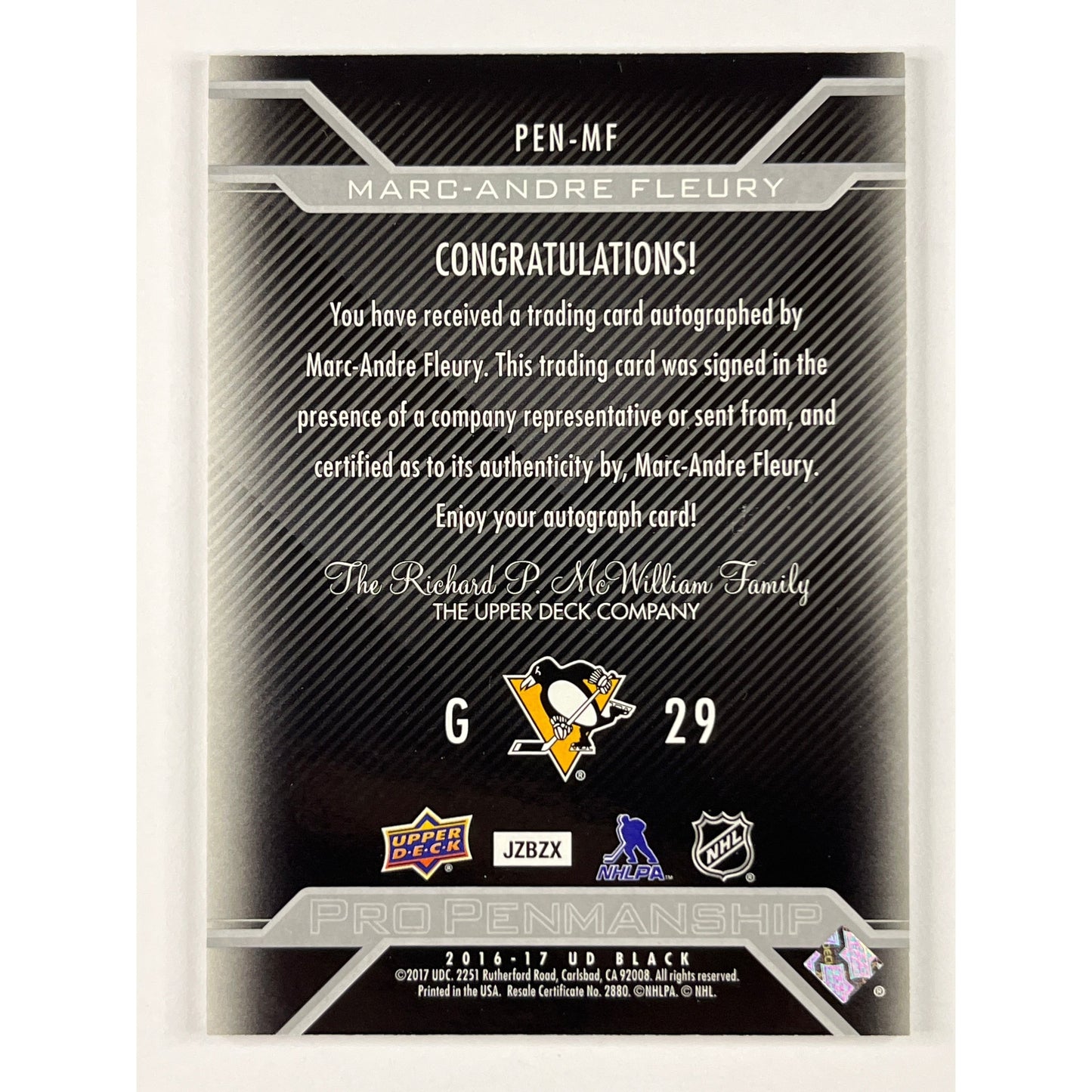 2016-17 UD Black Marc-Andre Fleury Pro Penmanship | Local Legends Cards & Collectibles