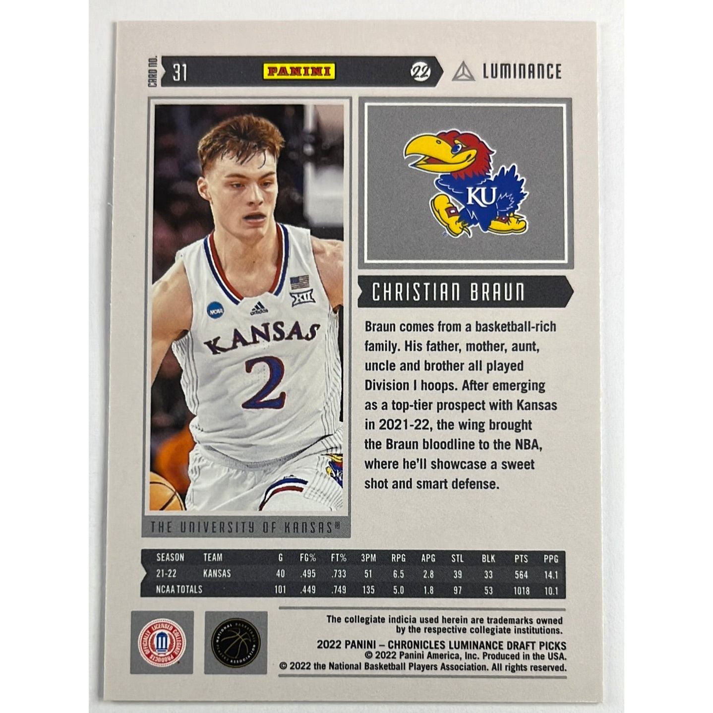2022 Chronicles Luminance DP Christian Braun RC | Local Legends Cards & Collectibles