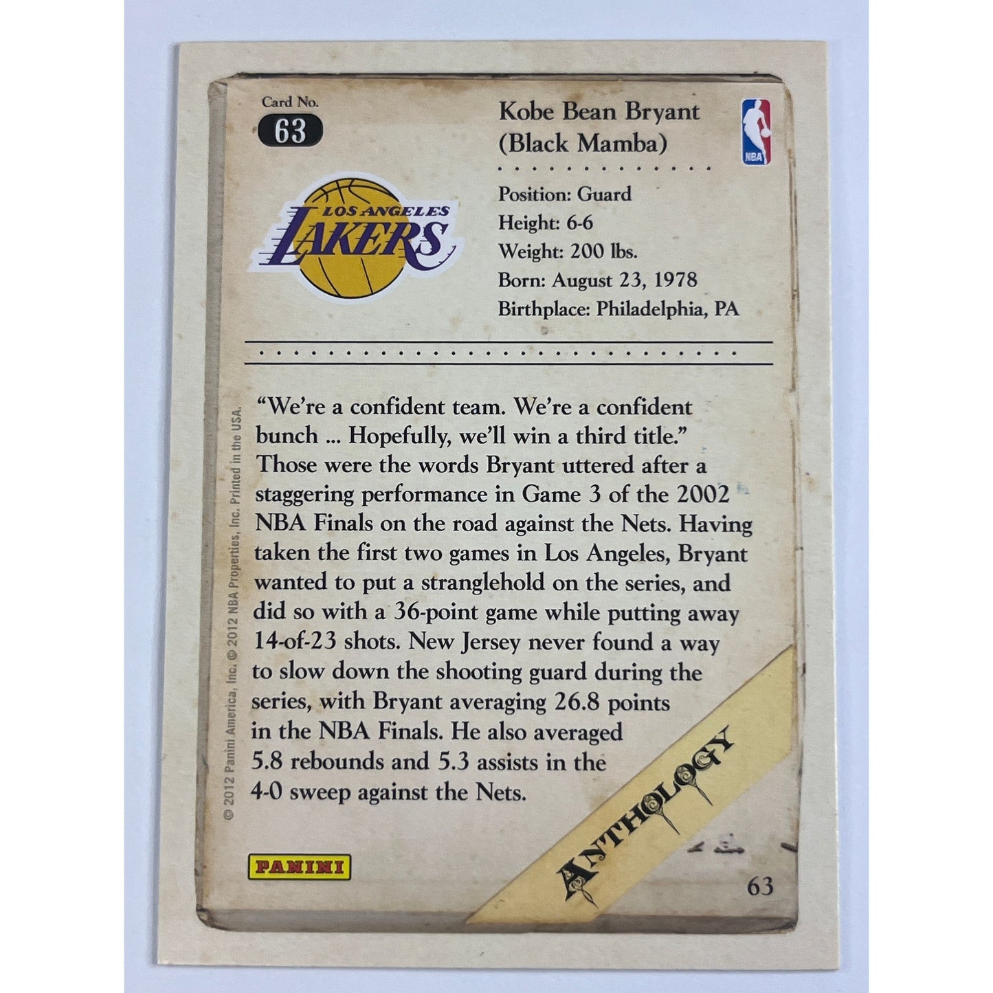 2012 Panini Anthology Kobe Bryant #63