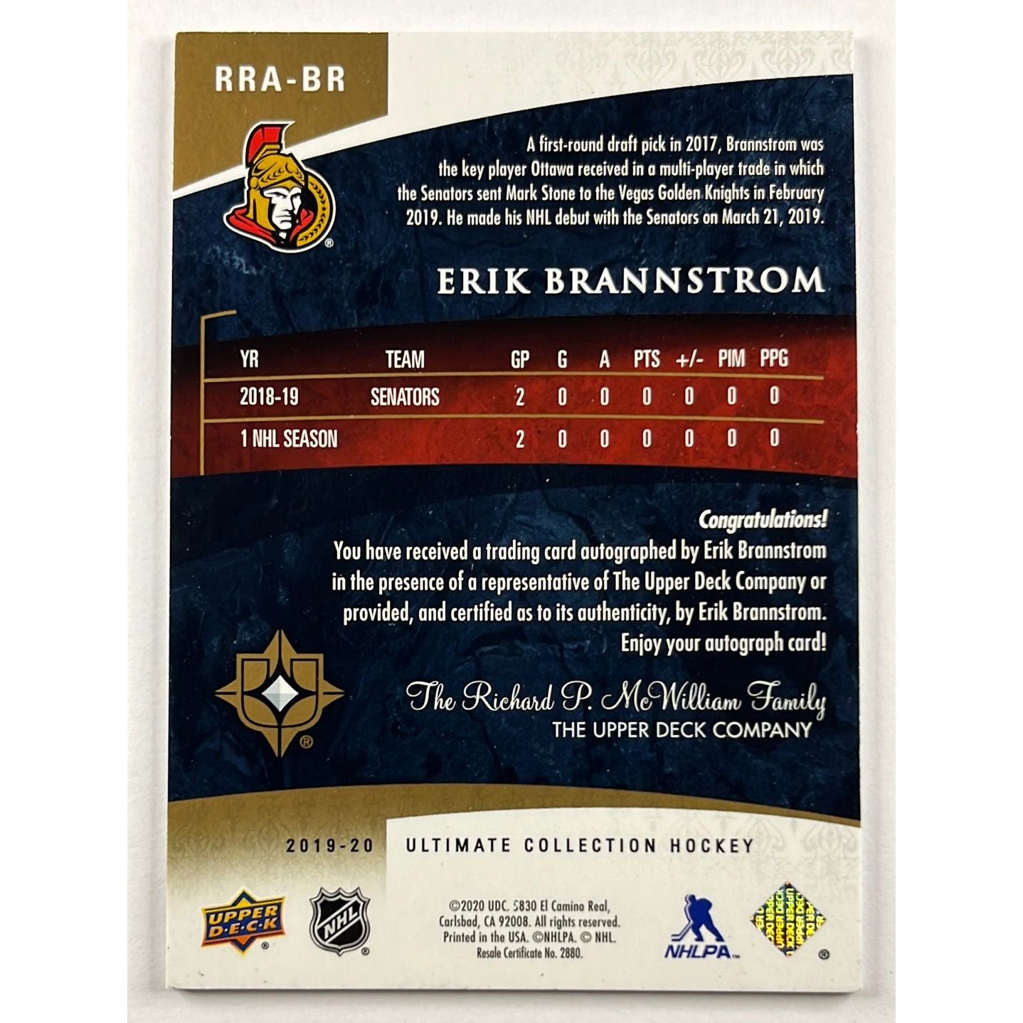 2019-20 Ultimate Erik Brannstrom Ultimate Rookies Auto /125 | Local Legends Cards & Collectibles