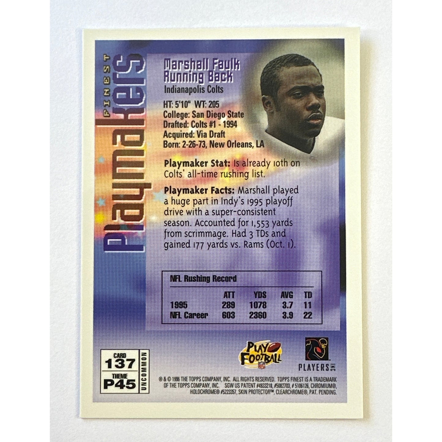 1996 Topps Finest Marshall Faulk Finest Playmakers Unpeeled