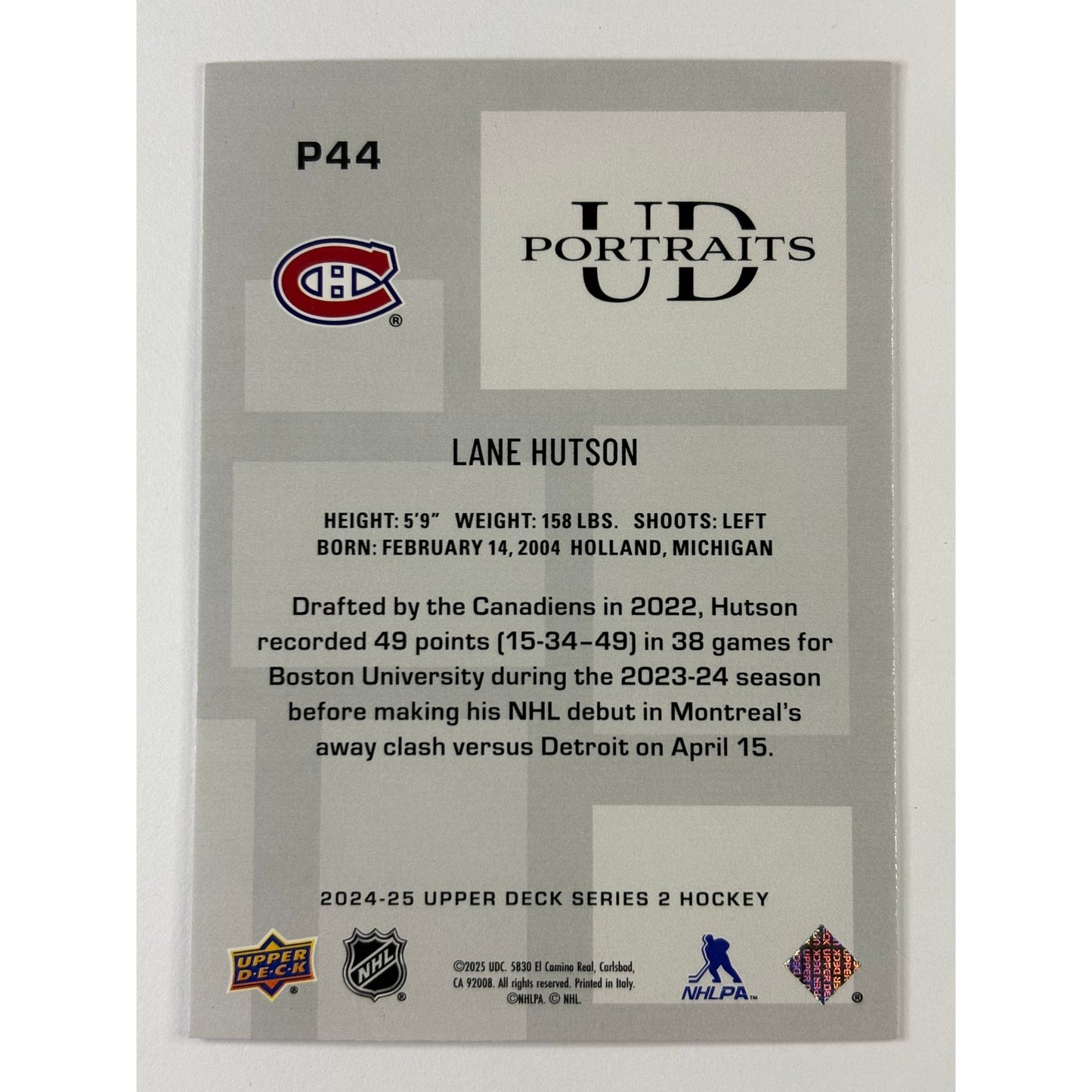 2024-25 Upper Deck Series 2 Lane Hutson UD Portraits RC
