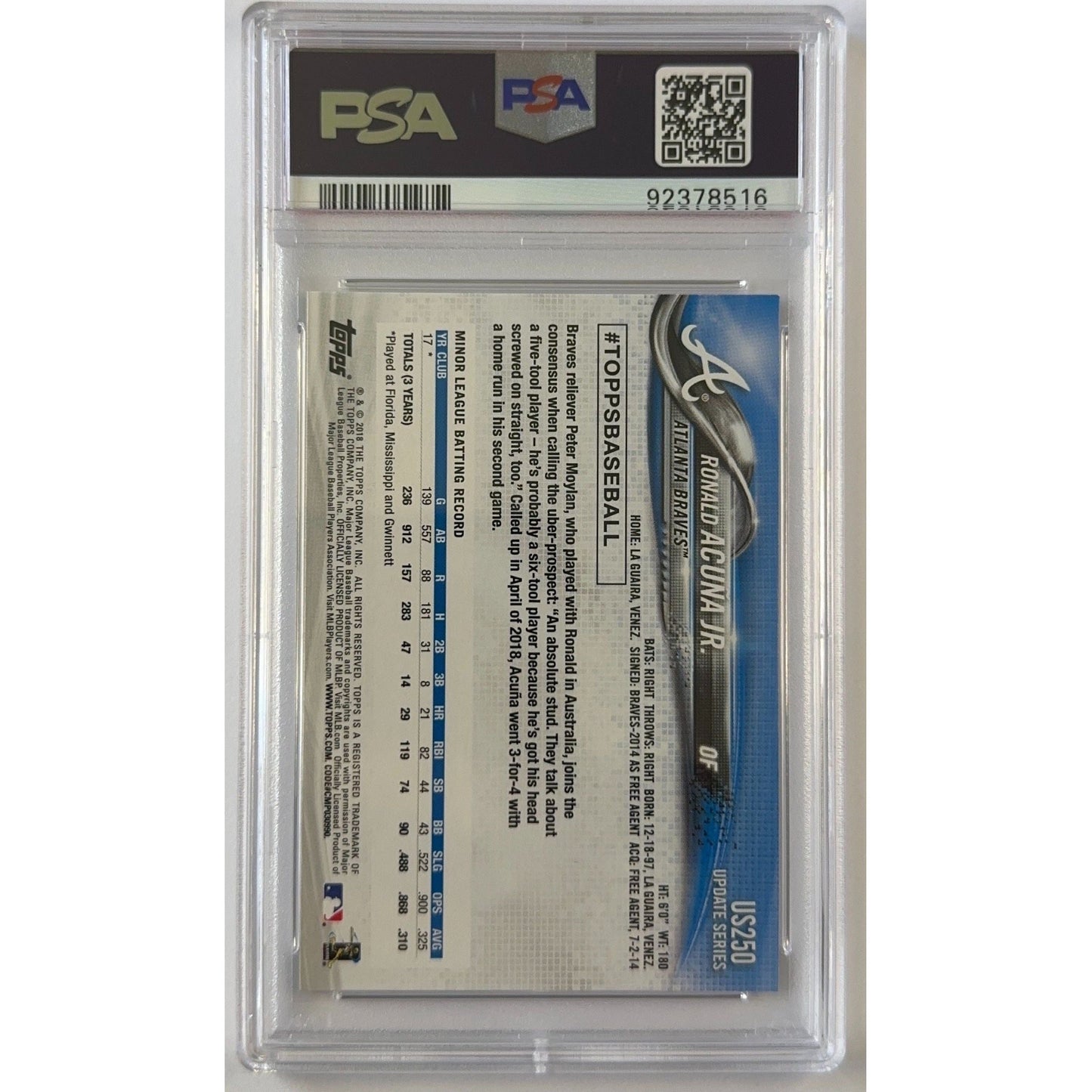 2018 Topps Update Ronald Acuna Jr. At-Bat Blue Jersey Rainbow Foil RC PSA 9 MINT