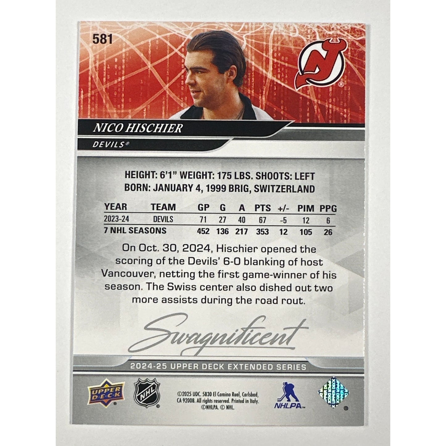 2024-25 Upper Deck Extended Series Nico Hischier Swagnificent SSP