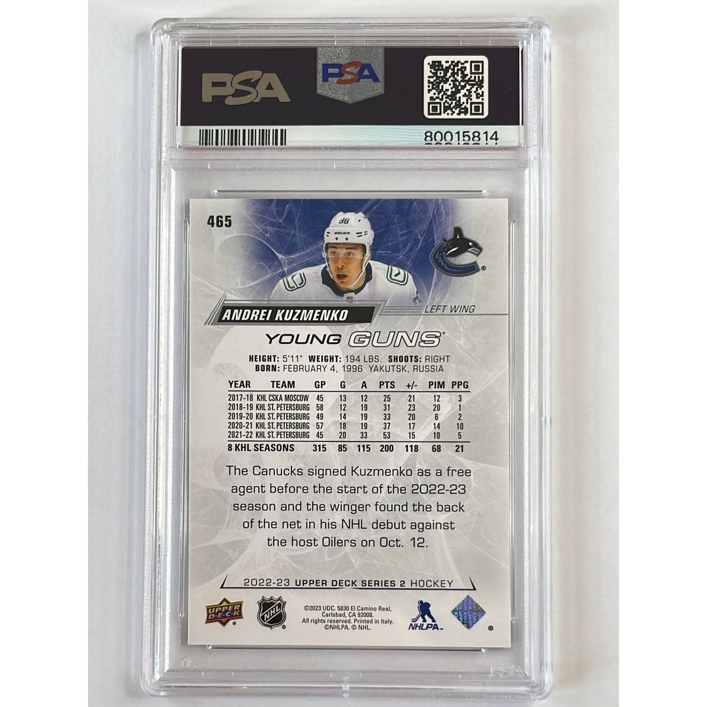 2022-23 Series 1 Andrei Kuzmenko Young Guns PSA 10 GEM MINT | Local Legends Cards & Collectibles