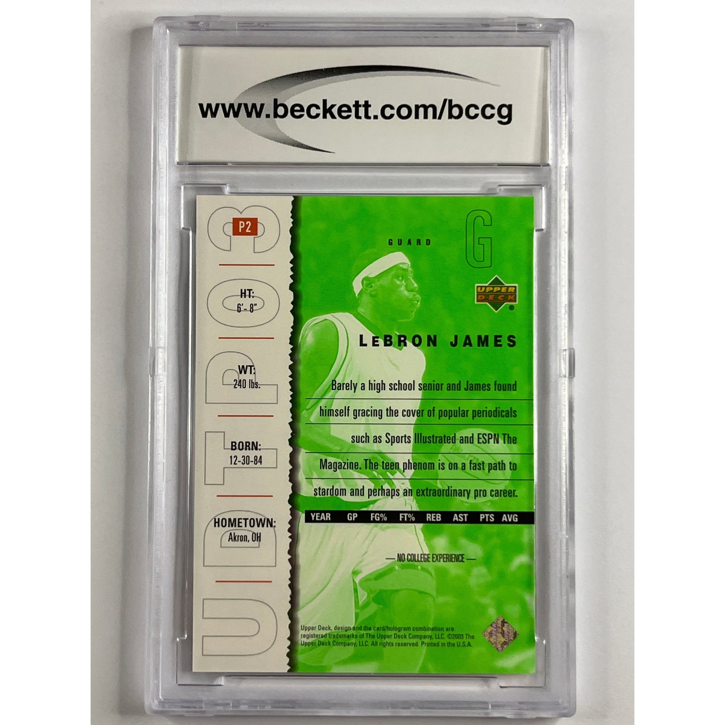 2003 Upper Deck Top Prospects LeBron James P2 UD Promo RC BCCG 10 MINT | Local Legends Cards & Collectibles