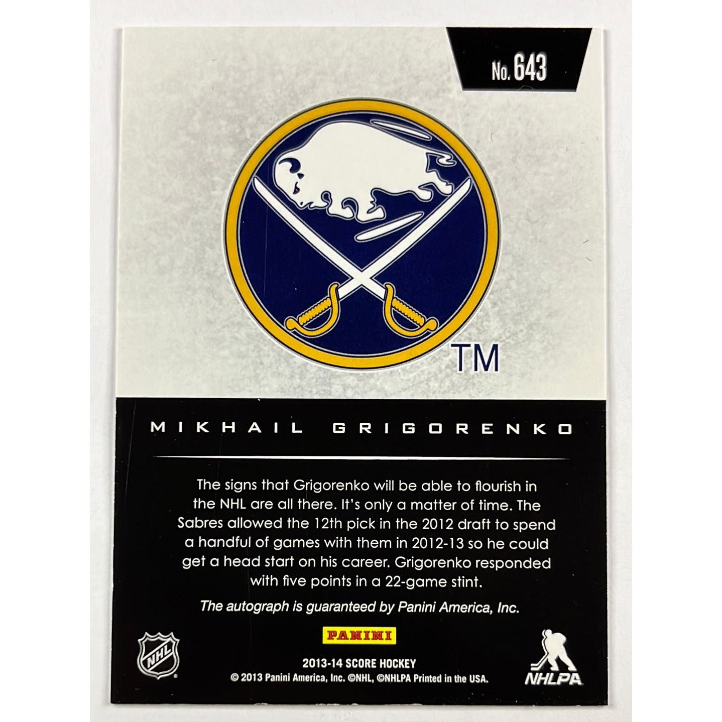 2012-13 Score Mikhail Grigorenko Hot Rookies Auto