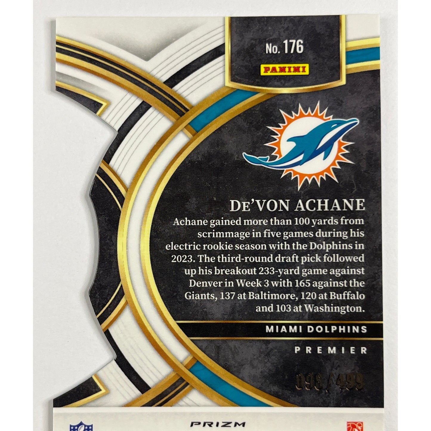 2023 Select De’von Achane Premier Level Lime Green Prizm Die Cut RC /499