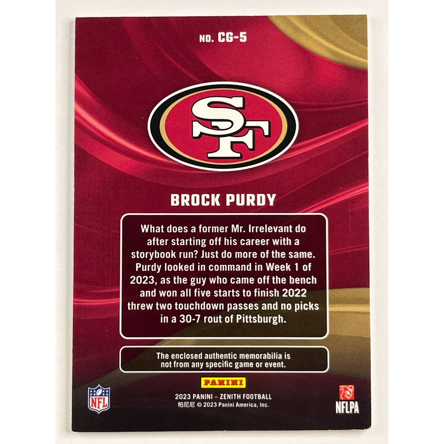 2023 Zenith Brock Purdy Color Guard Patch | Local Legends Cards & Collectibles